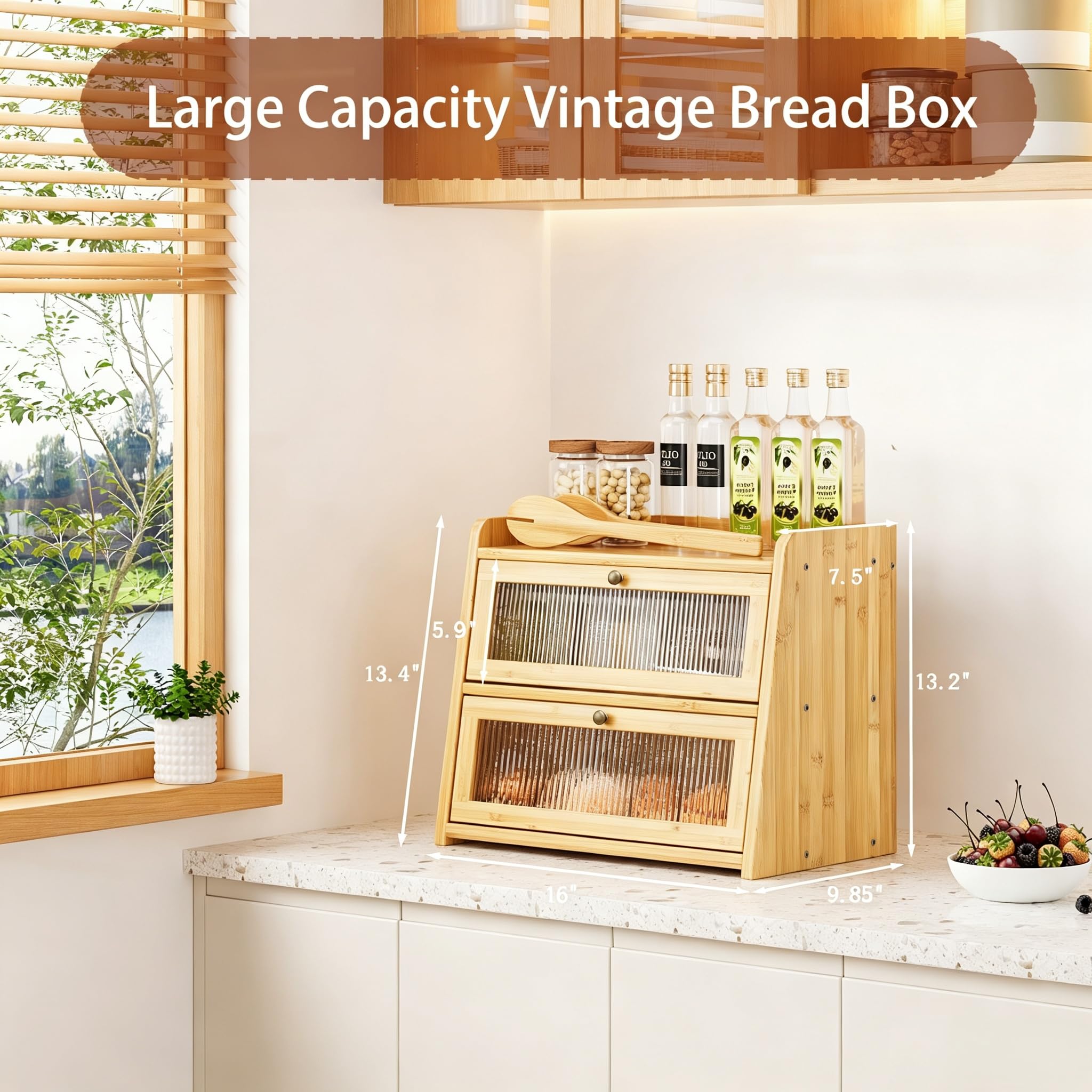 Panera grande de bambú de doble capa para encimera de cocina, contenedor de almacenamiento de pan de madera de gran capacidad con ventana para pan (bambú natural)