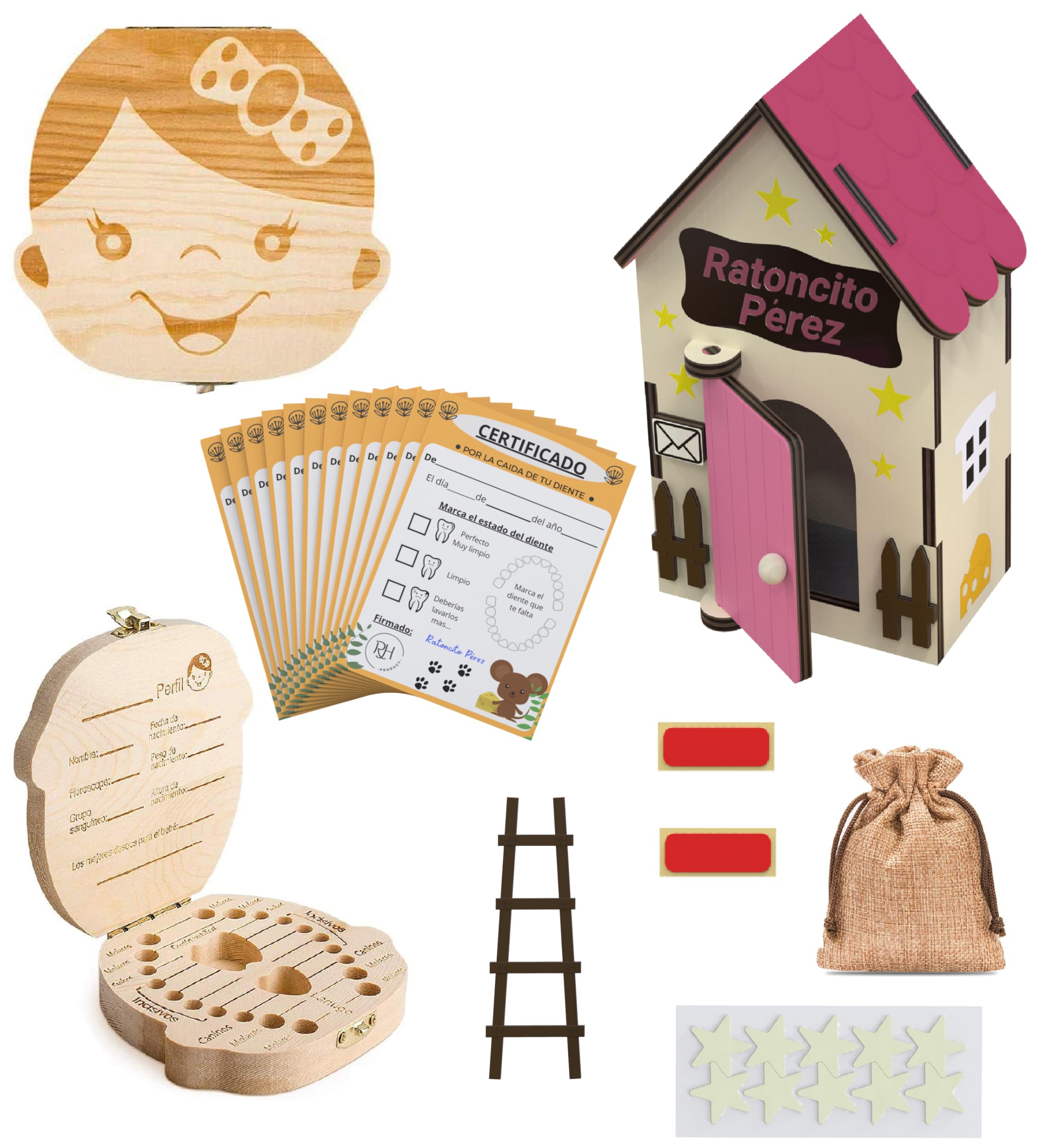 Puerta ratoncito perez - Casita ratoncito perez - Caja de dientes de leche para niños - Cajita dientes ratoncito perez - caja para dientes de leche - Casa ratoncito perez puerta magica - Madera - Rosa