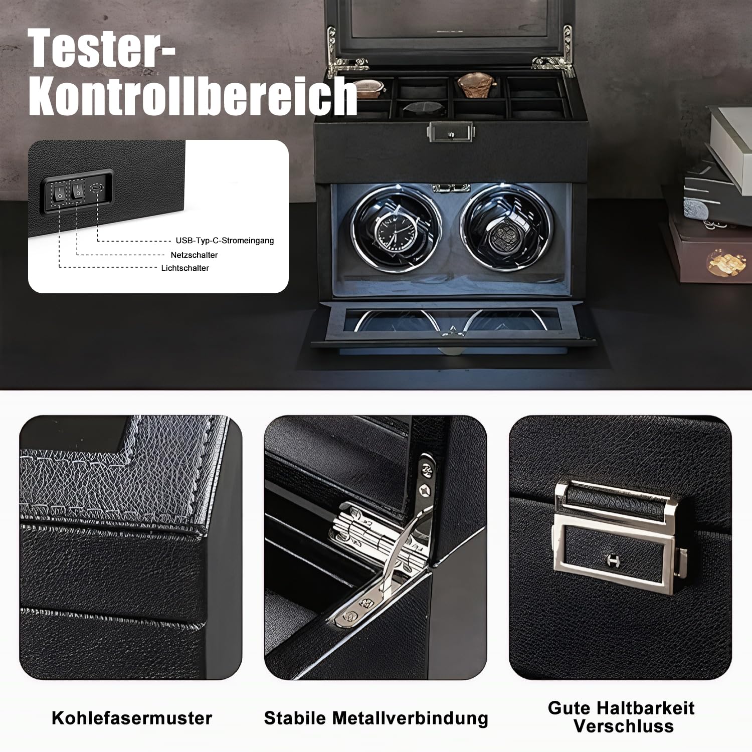 Watch Winder für Automatikuhren, mit LED-Beleuchtung und 8 zusätzlichen Aufbewahrungsboxen, automatische Uhrenbeweger-Box mit superleisem Motor, Verstellbarer Uhrenhalterung
