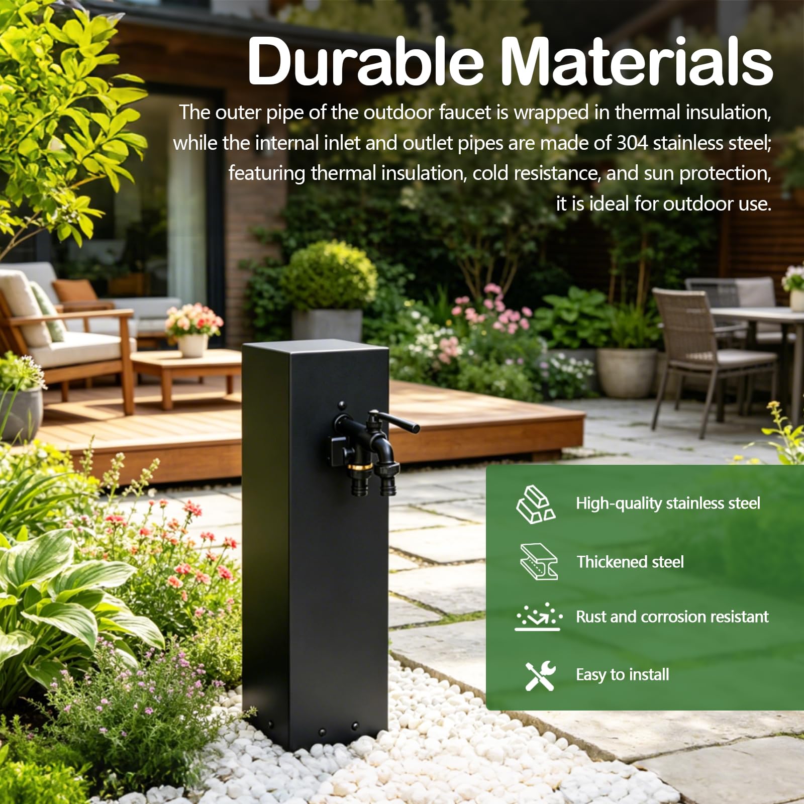 Fuente De Agua Para JardíN, Dispensador De Agua Vertical Para JardíN Con ConexióN Doble De 1/2 Pulgada Grifo Exterior De Acero Inoxidable Negro De 40cm Grifo Para Patio Jardines Terrazas Y Patios