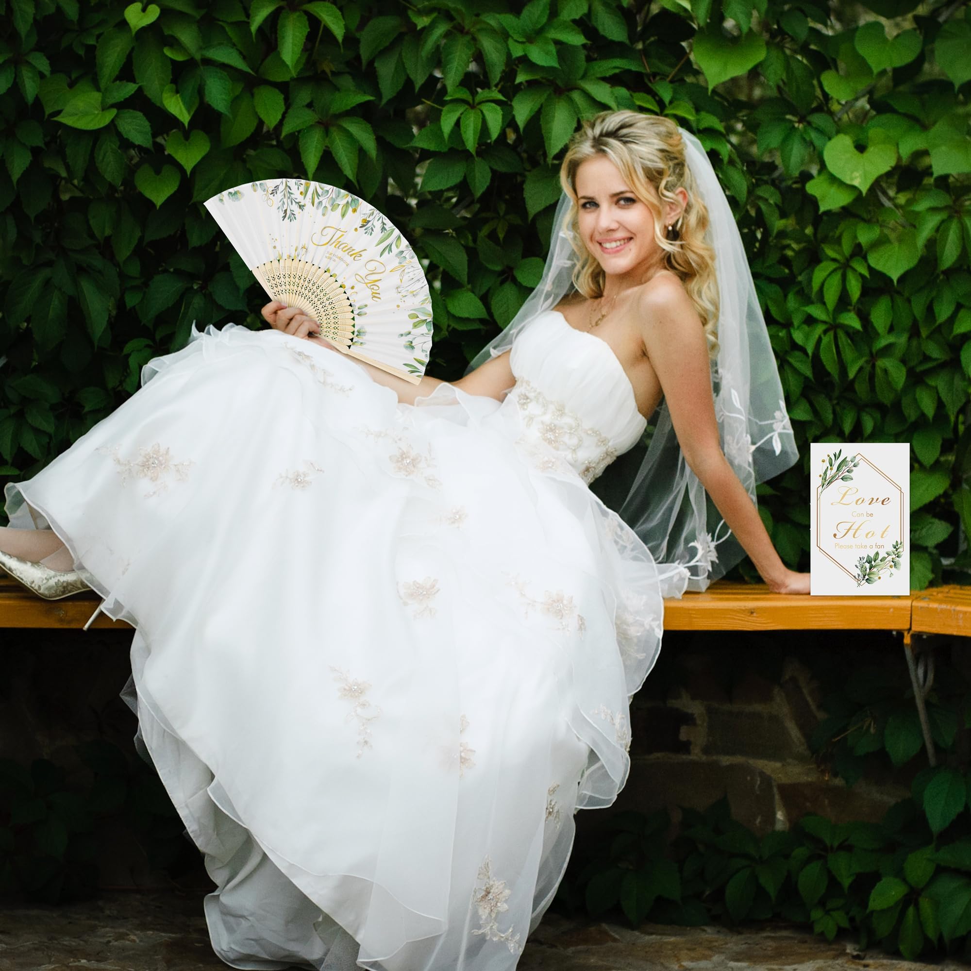 Aneco 30 Sets grüne Blätter Hochzeit Faltfächer Bambus Handfächer mit Organzabeuteln Tischschild Dankeschön Vintage Seide Handfächer für Brautdusche Hochzeit Party Dekorationen