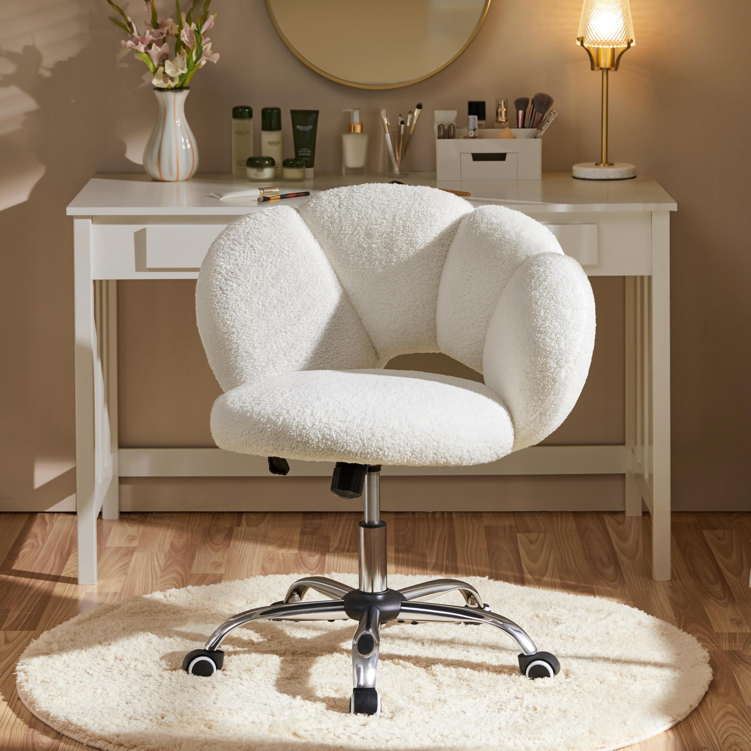 Yaheetech Sedia da Ufficio Scrivania Bianca Cameretta Imbottita Senza Braccioli Ergonomica con Ruote Girevole, Schienale Design a Nuvola in Tessuto Bouclé, Altezza Regolabile