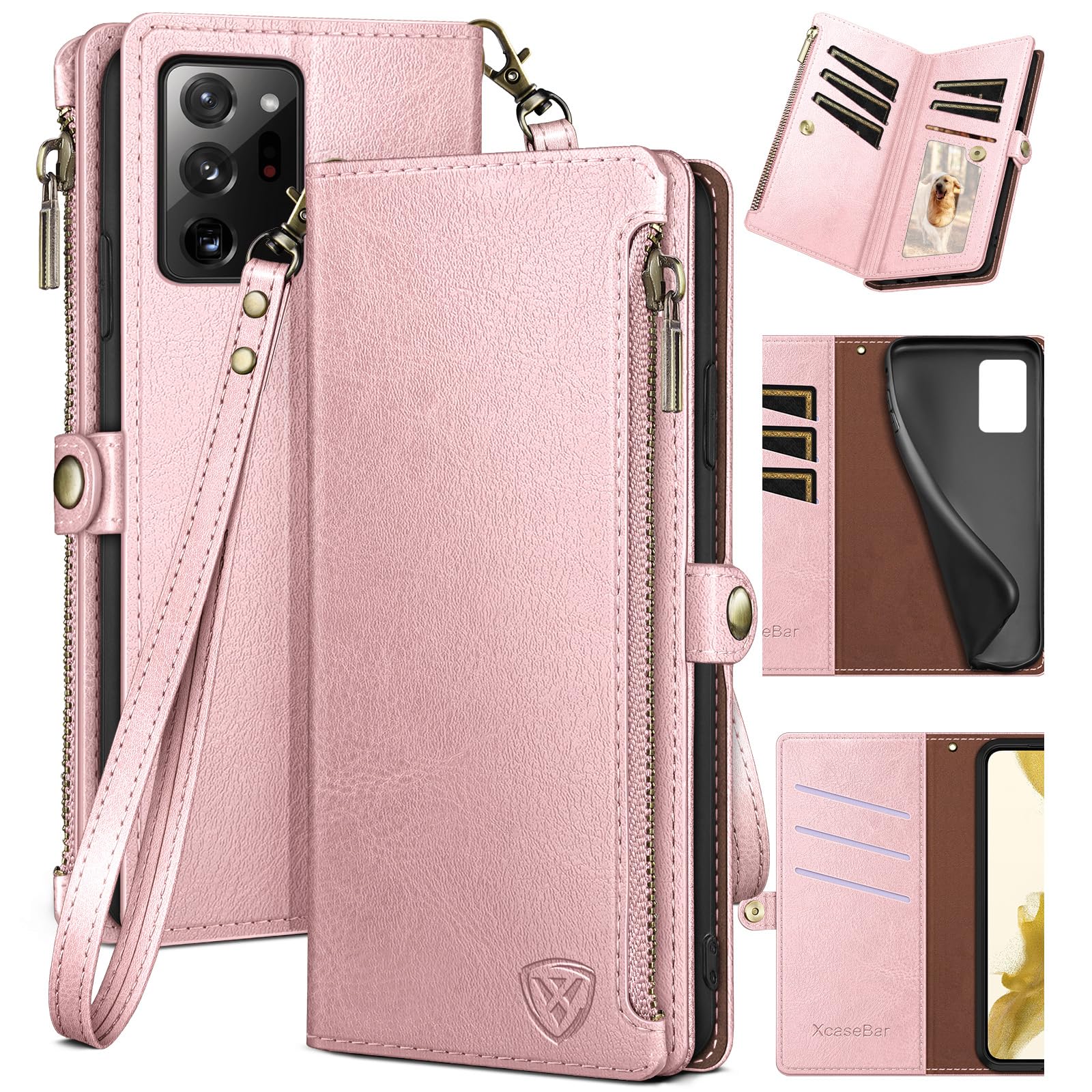 XcaseBar for Samsung Galaxy Note 20 Ultra Wallet case with Zipper Credit Card Holder?RFID Blocking?, Flip Folio Book PU Leather Phone case Shockproof Cover Women for Samsung Note20Ultra case Rose Gold