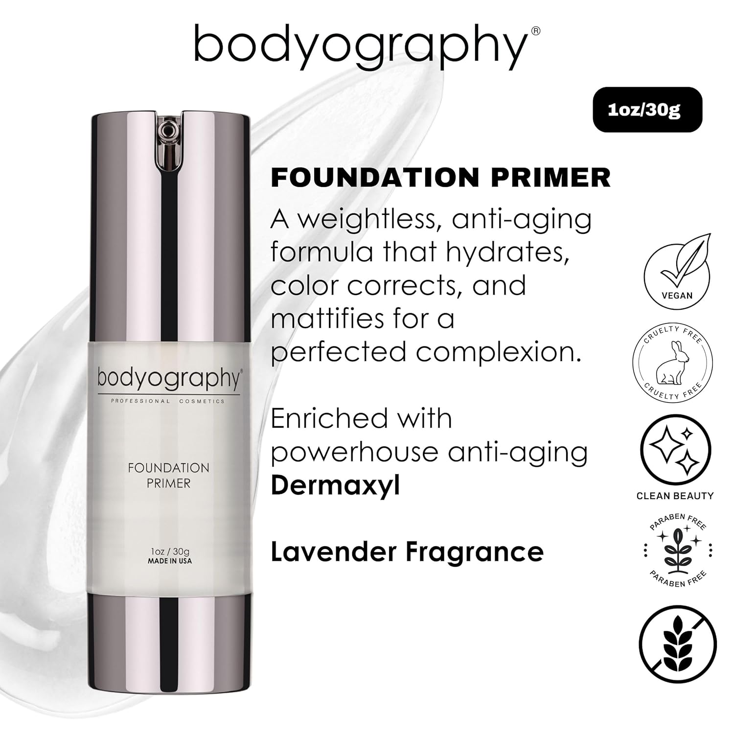BODYOGRAPHY - Foundation Primer (Clear): Flawless Anti-Aging Salon Makeup Primer w/Vitamin E, A, Jojoba, Grapeseed Oil | Control Shine | Gluten-Free, Cruelty-Free, 1 oz. - Image 3