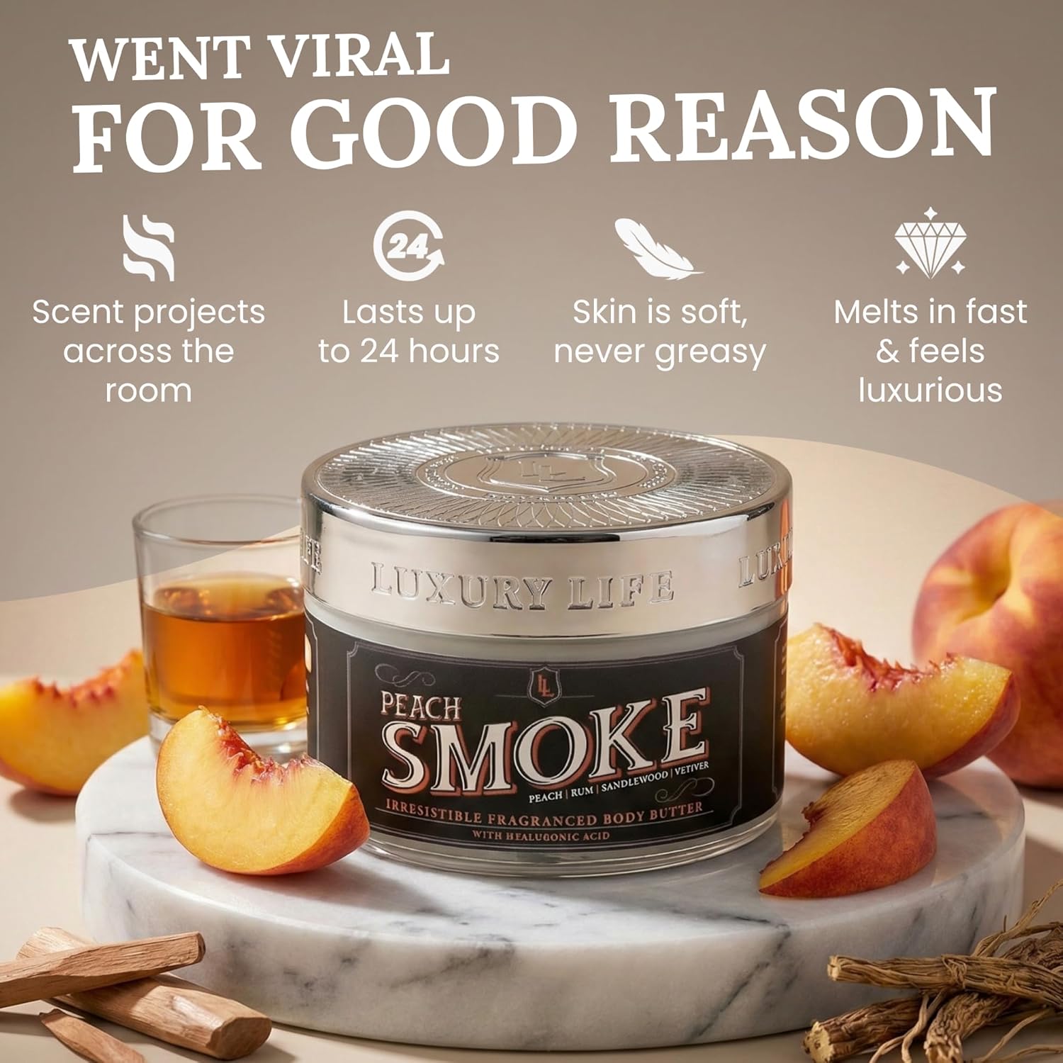 LUXURY LIFE BUTTER - Irresistibly Scented Body Butter with Hyaluronic Acid for Ultimate Moisture. Luxurious Natural Fragrance. Hydrates for a Non-Greasy Glamorous Glow, Peach Smoke, 5 oz.