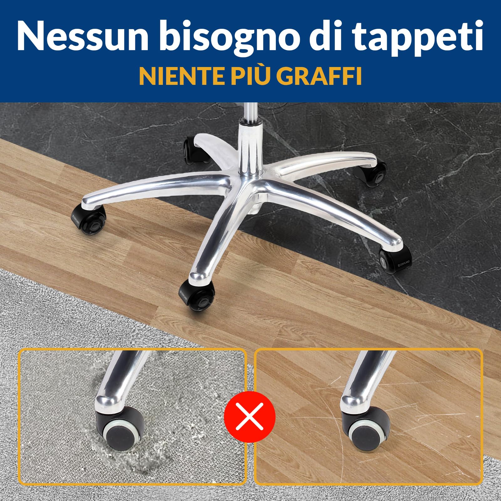 COSYLAND Set 5 Rotelle Doppie Nero Trasparente, Ruote sedia ufficio resistenti e silenziose, ruote per sedia ufficio per parquet, perfette per ufficio, 11X22MM
