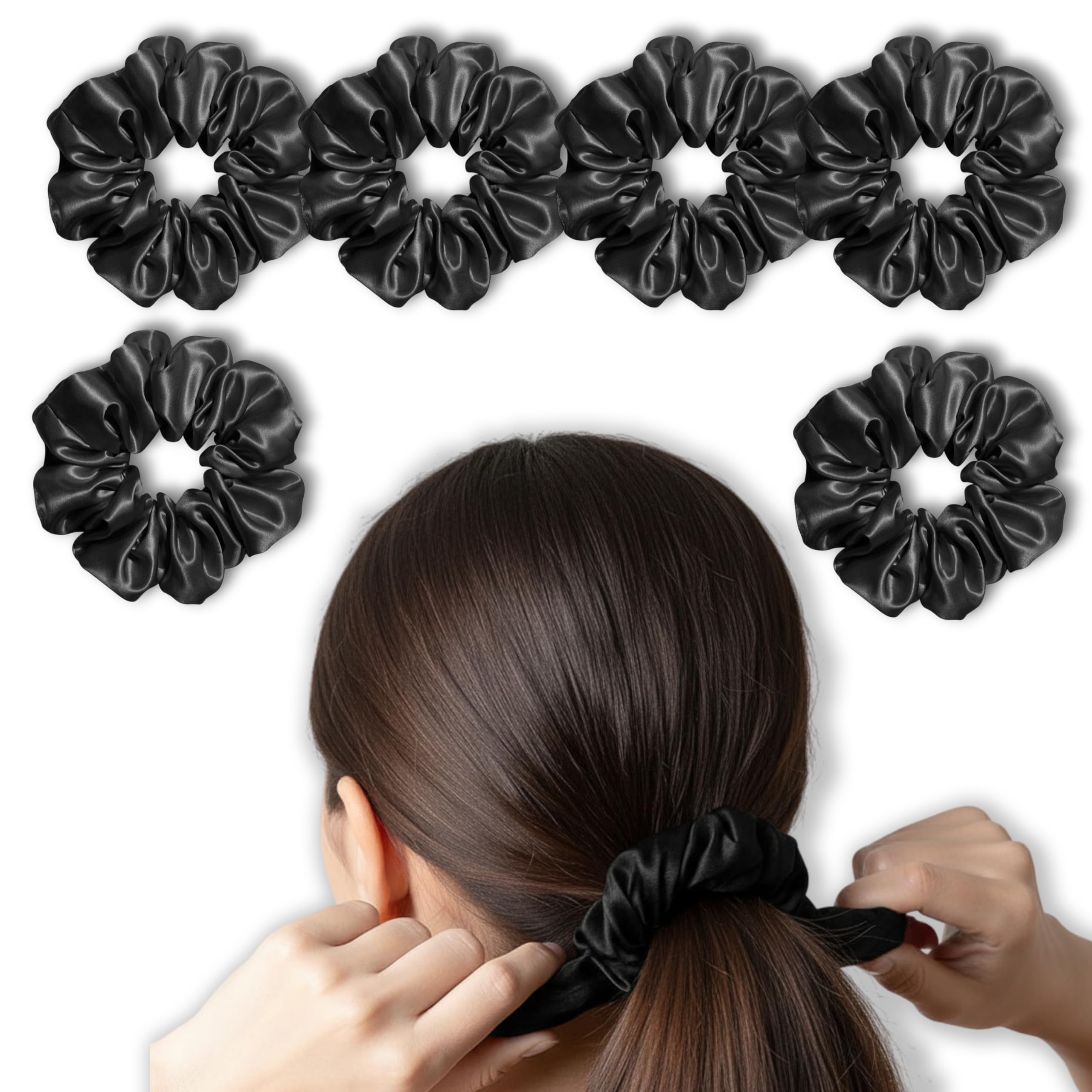 Temperia (6Pcs Set) Silk Satin Scrunchies For Women & Girls - Stylish Ponytail Bun Juda Rubber Bands Luxury Hair Accessories Crunchies - Scrunchy Ties For Style, Decoration & Wedding - Black (MN01)