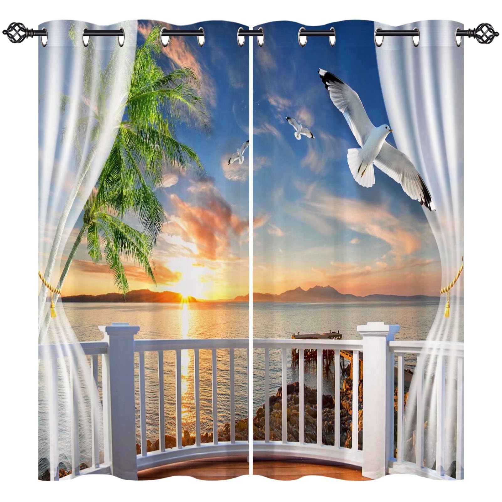ANHOPE Beach Curtains Eyelet Ring Top Thermal Insulated Blackout Curtain Sunset Ocean Quay Balcony Print Pattern Decorative Window Drapes for Bedroom Living Room 30 x 63 Drop Inch 2 Panels