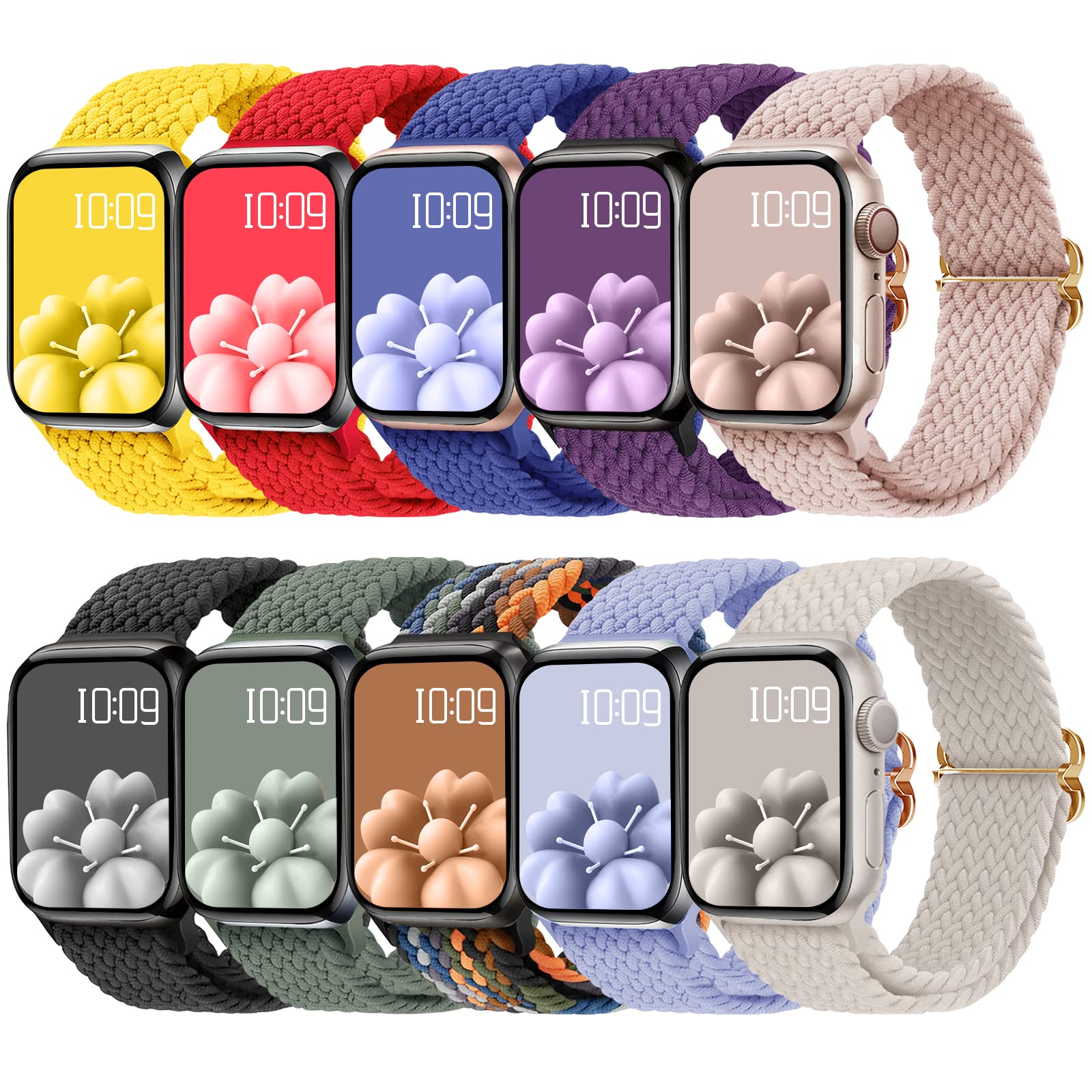 Braided Solo Loop Bands Compatible with Apple Watch Band 38mm 40mm 41mm 42mm 44mm 45mm 49mm Women Men, 10Pack Stretchy Elastic Sport Strap Wristbands for iWatch Bands Series 8 7 6 5 4 3 2 1 SE Ultra