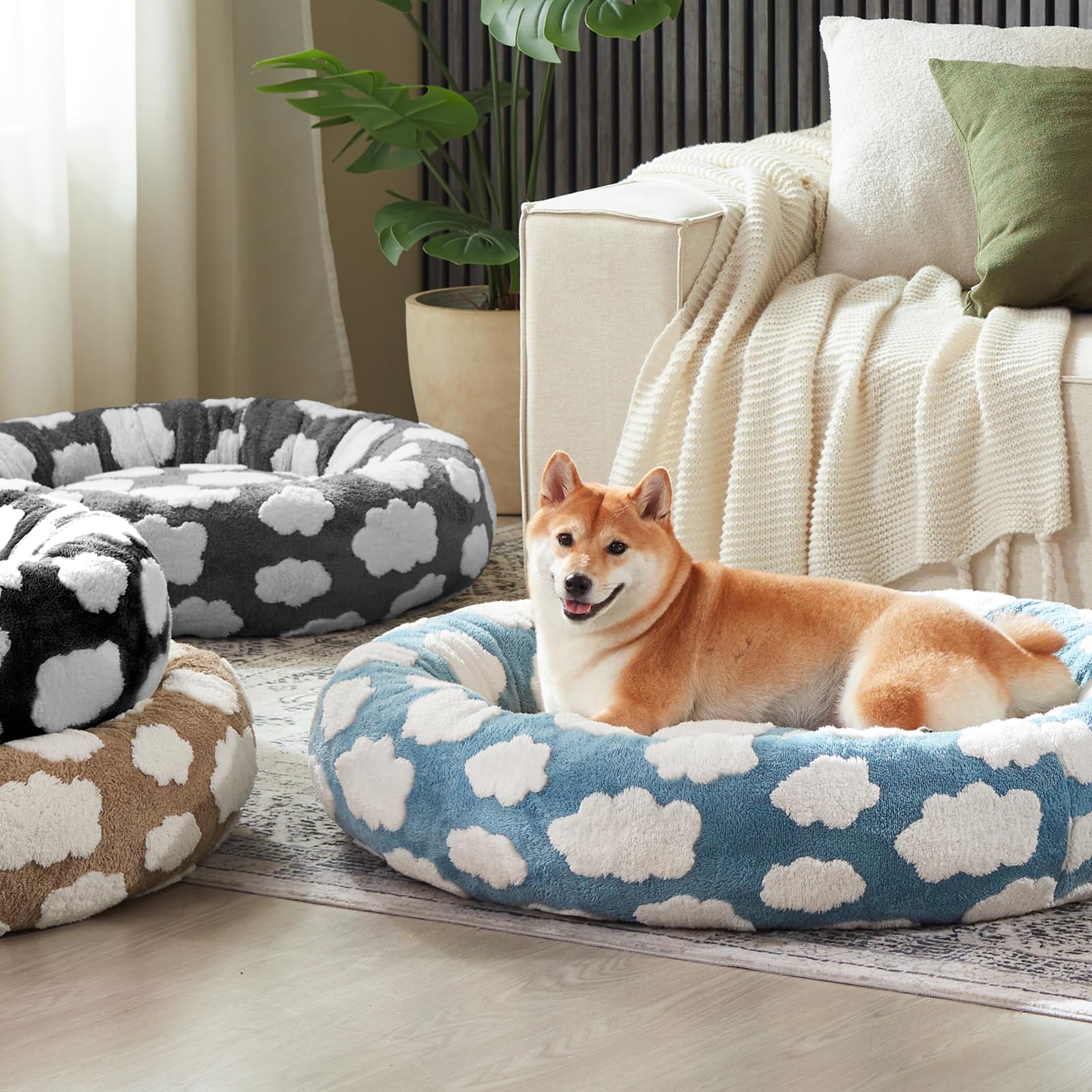 JOEJOY Donut Beruhigendes kleines Hundebett, rundes Katzenbett für Hauskatzen mit abnehmbarem, waschbarem Bezug, 58 cm, orthopädisches, niedliches Welpen-Kätzchen-Haustierbett mit Jacquard-Plüsch