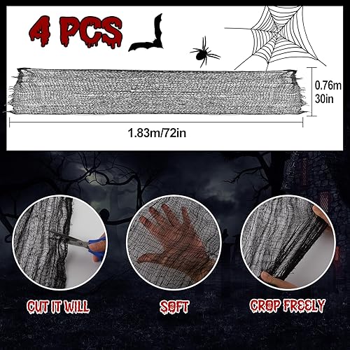 Miniatura 3 de NEBURORA Tela espeluznante de Halloween, 4 piezas de gasa espeluznante negra de 72 x 30 pulgadas, suministros de fiesta de Halloween para interiores