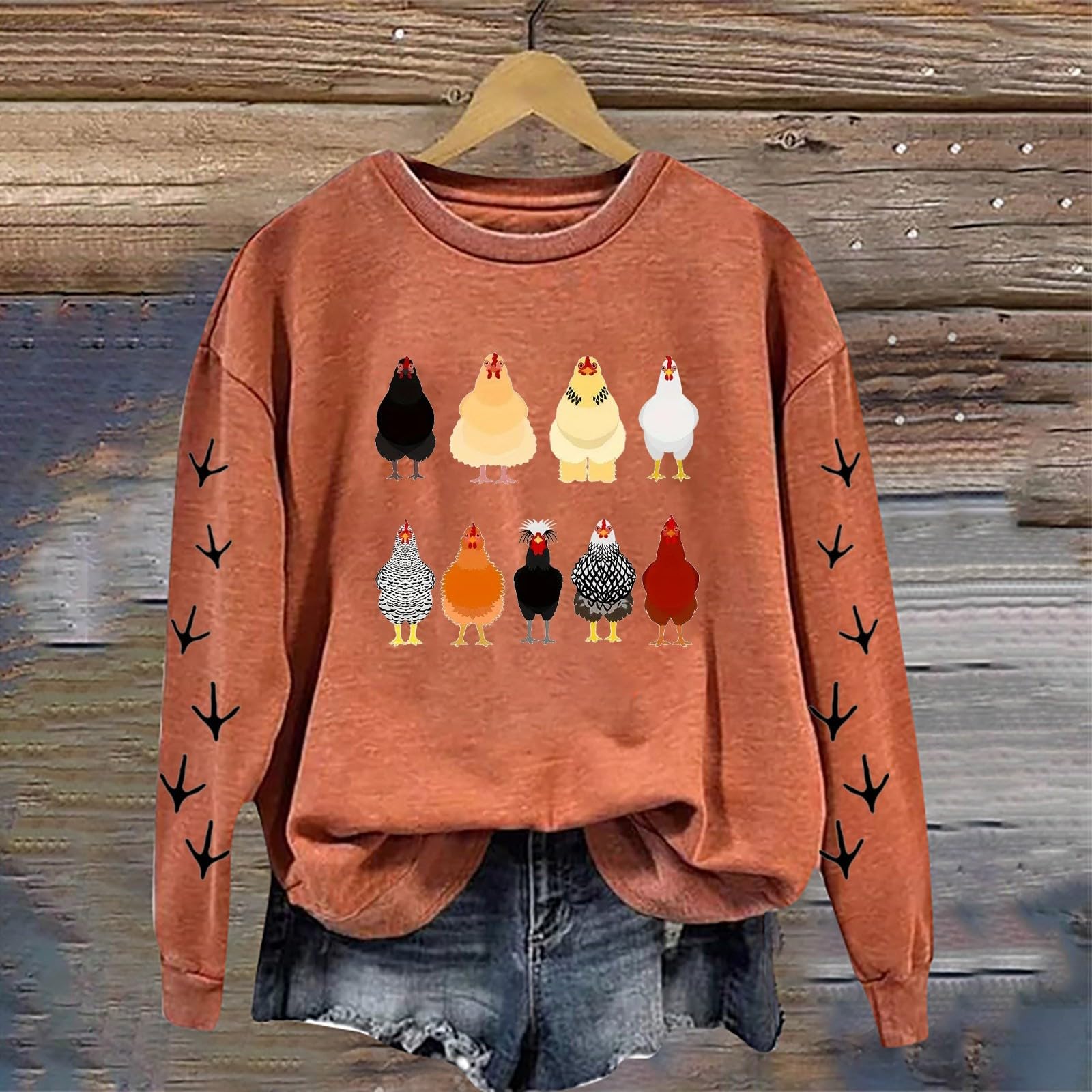 Jersey para mujer, algodón, manga larga, sin capucha, con estampado de pollo, holgado, cómodo para otoño, invierno, informal, deporte, ropa de calle, ocio, uso diario