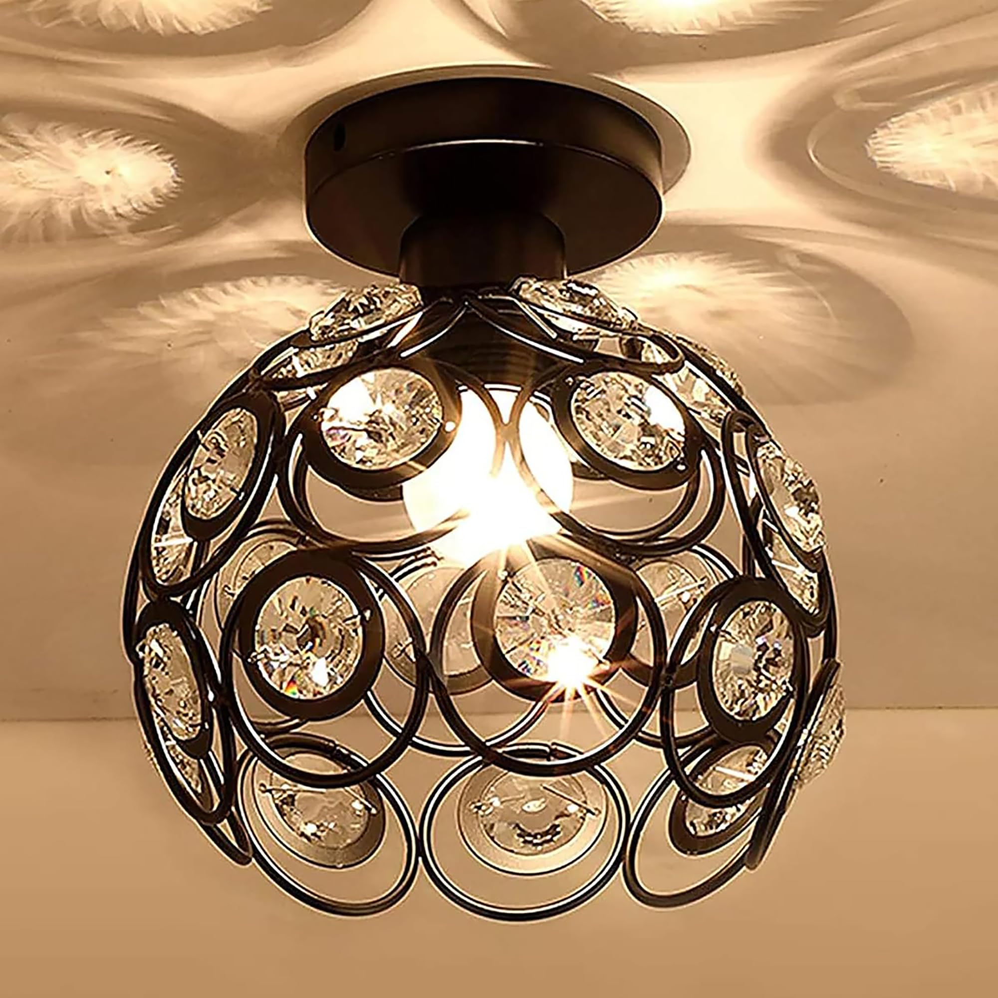Modern Crystal Ceiling Light Fixture – Flush Mount Ceiling Lamp with Black Metal Frame & Crystal Accents for Living Room, Bedroom, Hallway, Dining Room Black-image-21