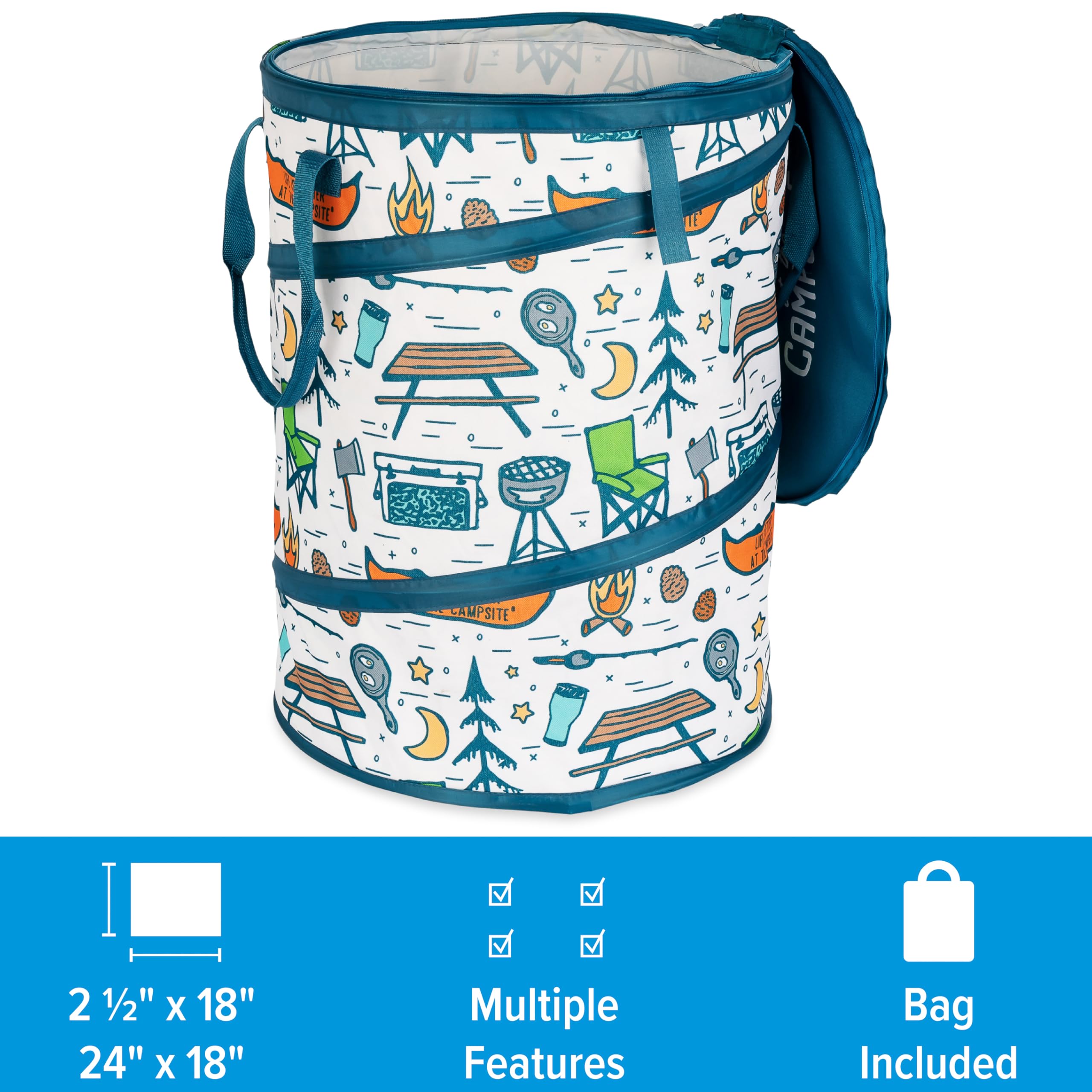 Camco 42997 Life is Better at The Campsite Pop-Up-Behälter, 61 x 45,7 cm – für 17,7 l Müllbeutel in Küchengröße – verfügt über EIN Campingplatz-Design