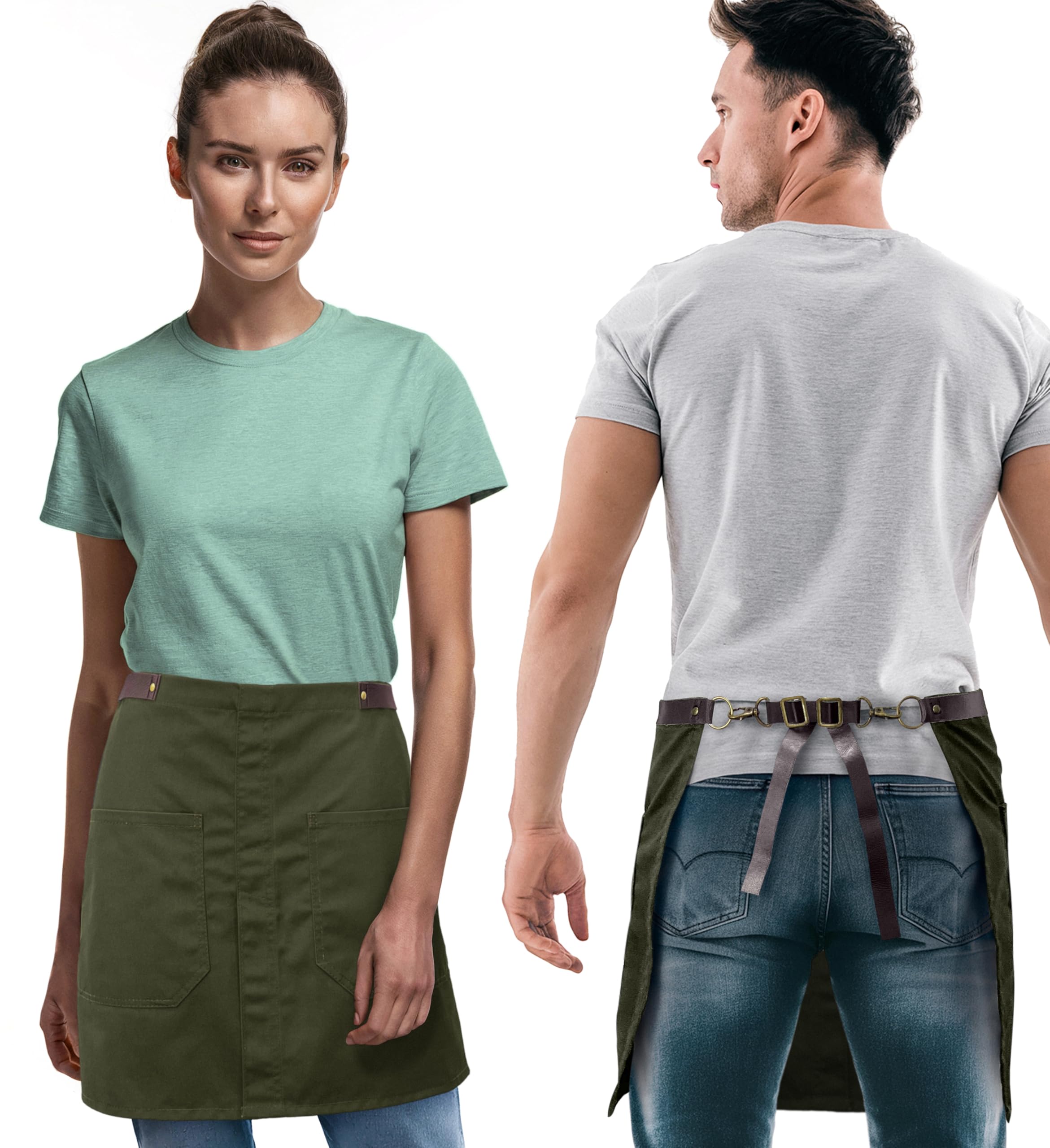 Moss Green Half Apron, Leather Straps, Split-Leg, Adjustable