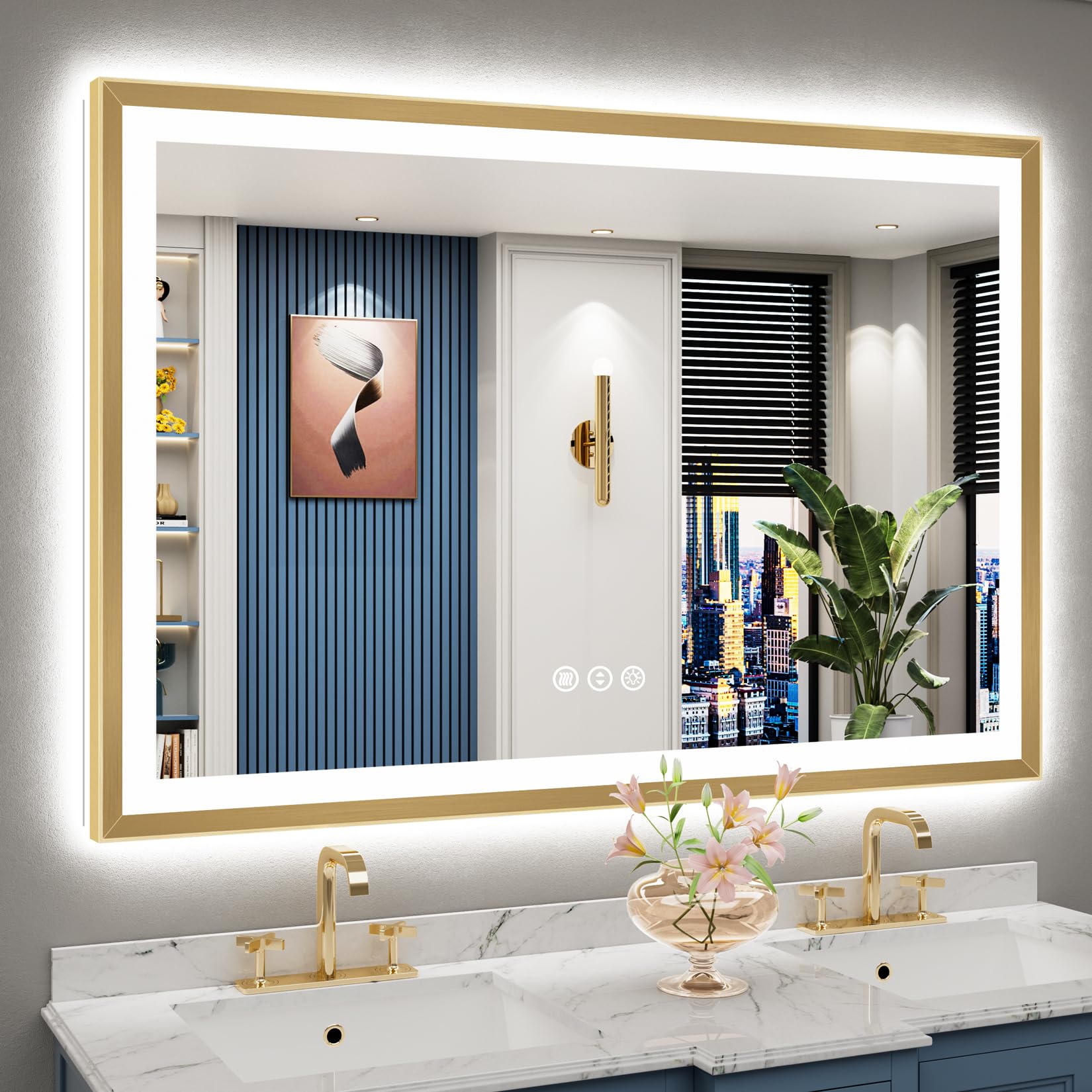 55x36 Gold Beveled LED Lighted Bathroom Mirror, Backlit &amp; Front Lit