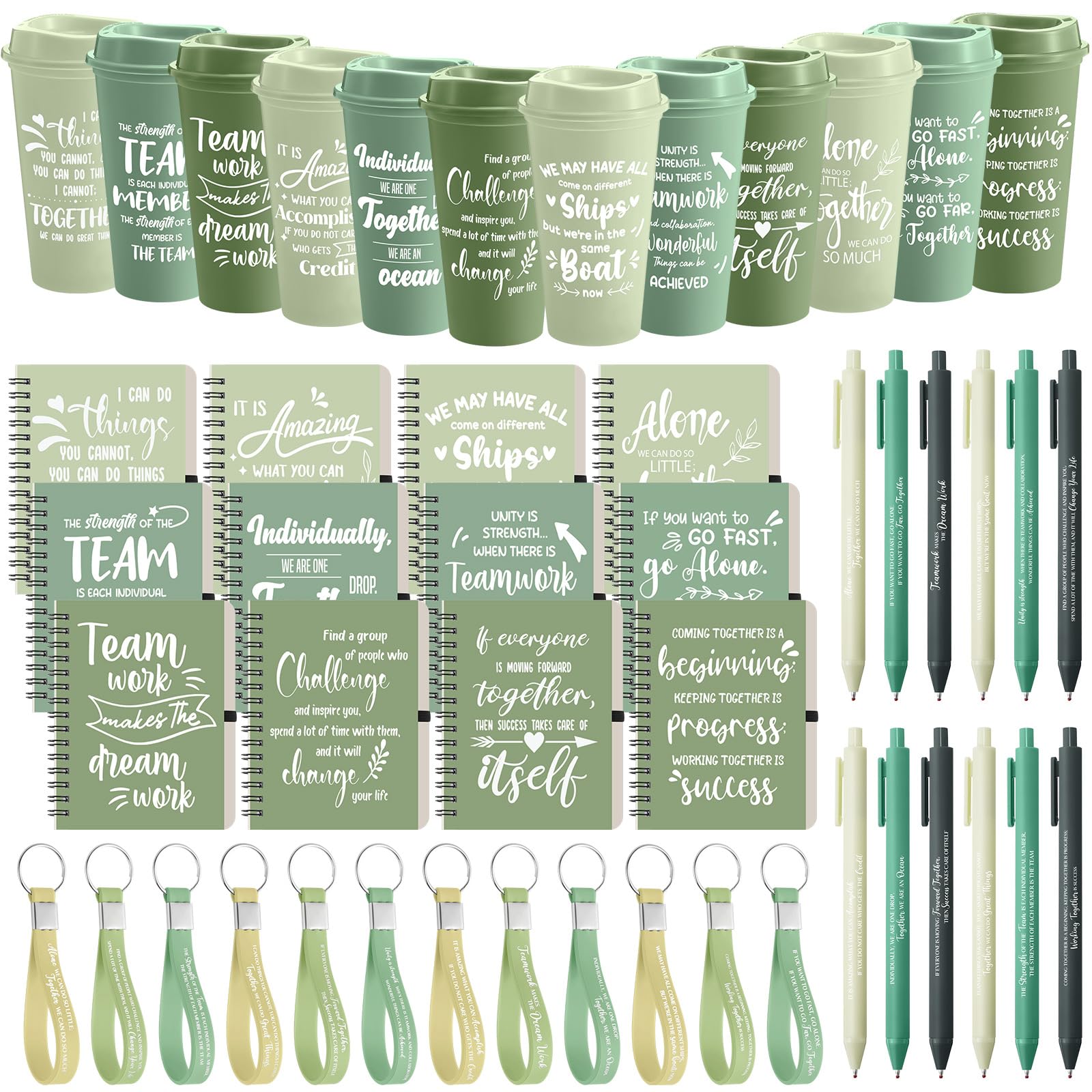 Skylety 12 Set/48 Pcs Team Appreciation Gift Set Inspirational Employee Appreciation Gift Bulk 16 oz Coffee Cups with Team Notebook Pen Keychains for Staff Teacher (Green Color)