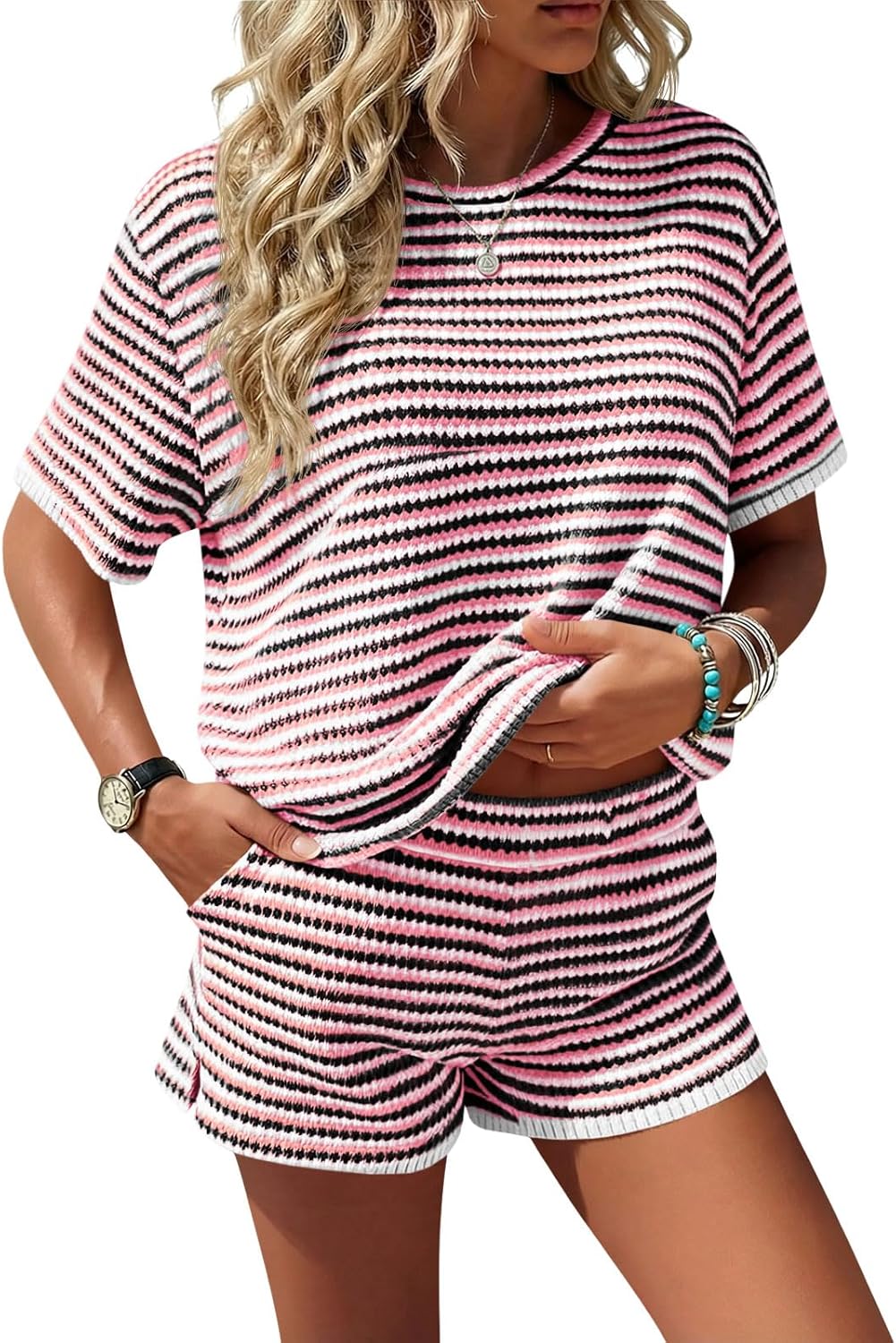 Fisoew Womens Striped 2 Piece Outfits Casual Short Sleeve Shirts Tops Knit Shorts Sets Workout Tracksuits Matching Sets
