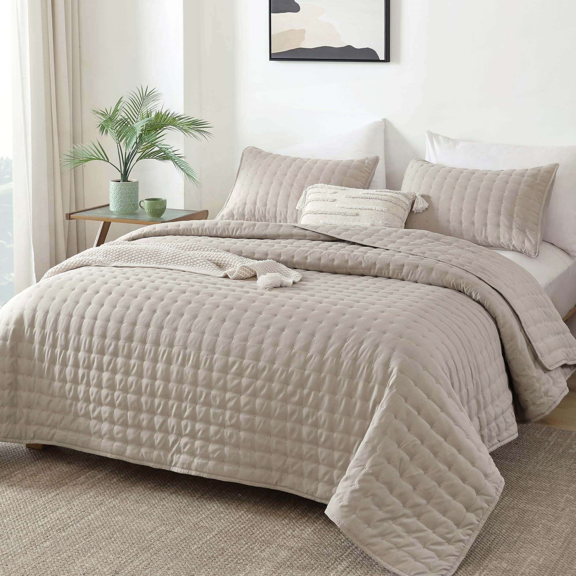 YIKUSHQuilt King Size Bedding Sets, Soft Lightweight Quilt Sets Bedspread Coverlet Quilted Blanket Thin Comforter for All Season, 1 Quilt 104x90 inches, 2 Pillowcases-Khaki