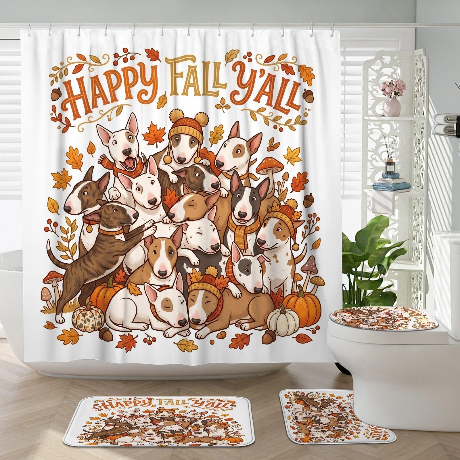 Rideau de douche Bull Terrier pour salle de bain décoration automnale chiot empilé