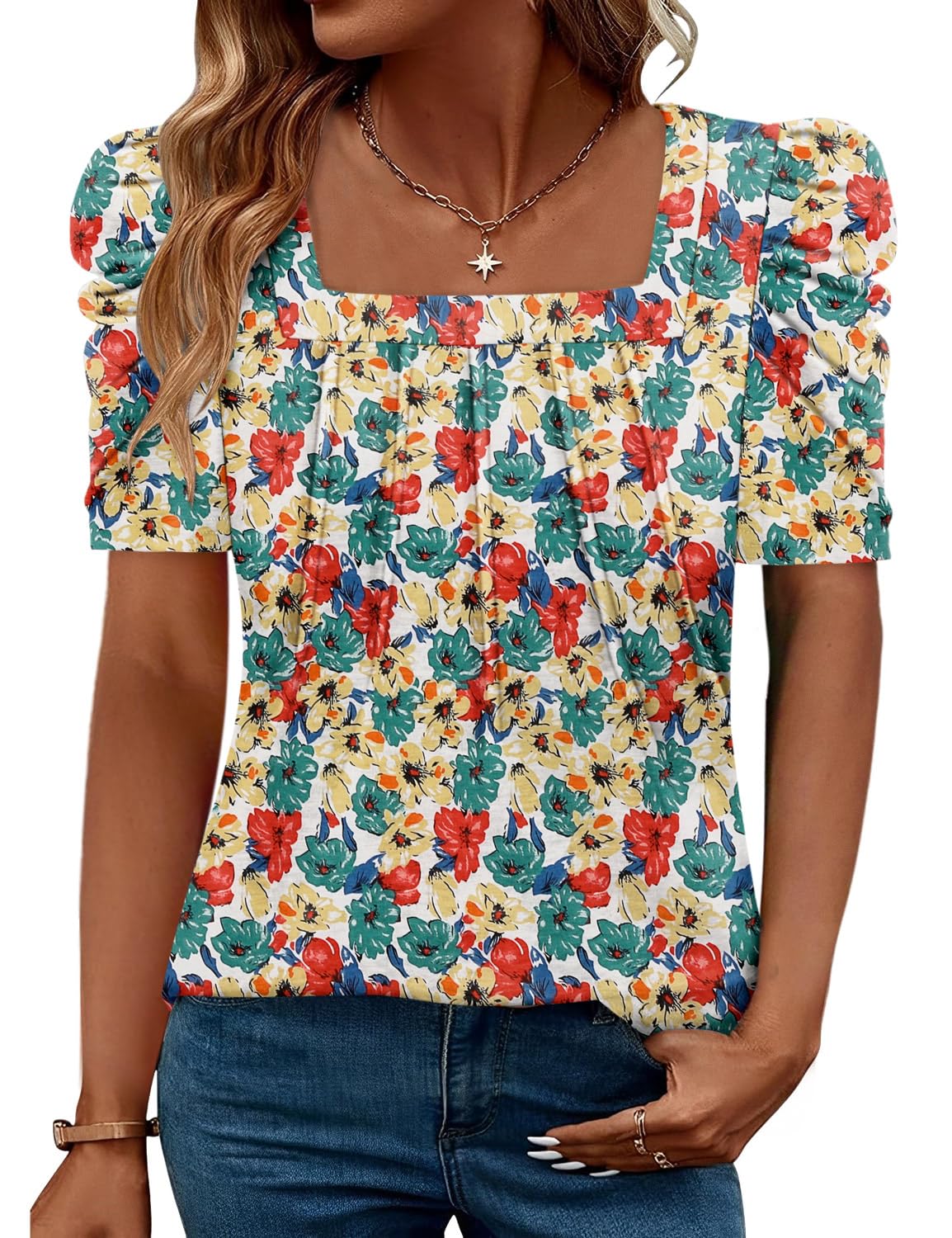 CRAZY GRID Womens Trendy Summer Tops Puff Sleeve Loose Fit Shirts Dressy Casual Blouses