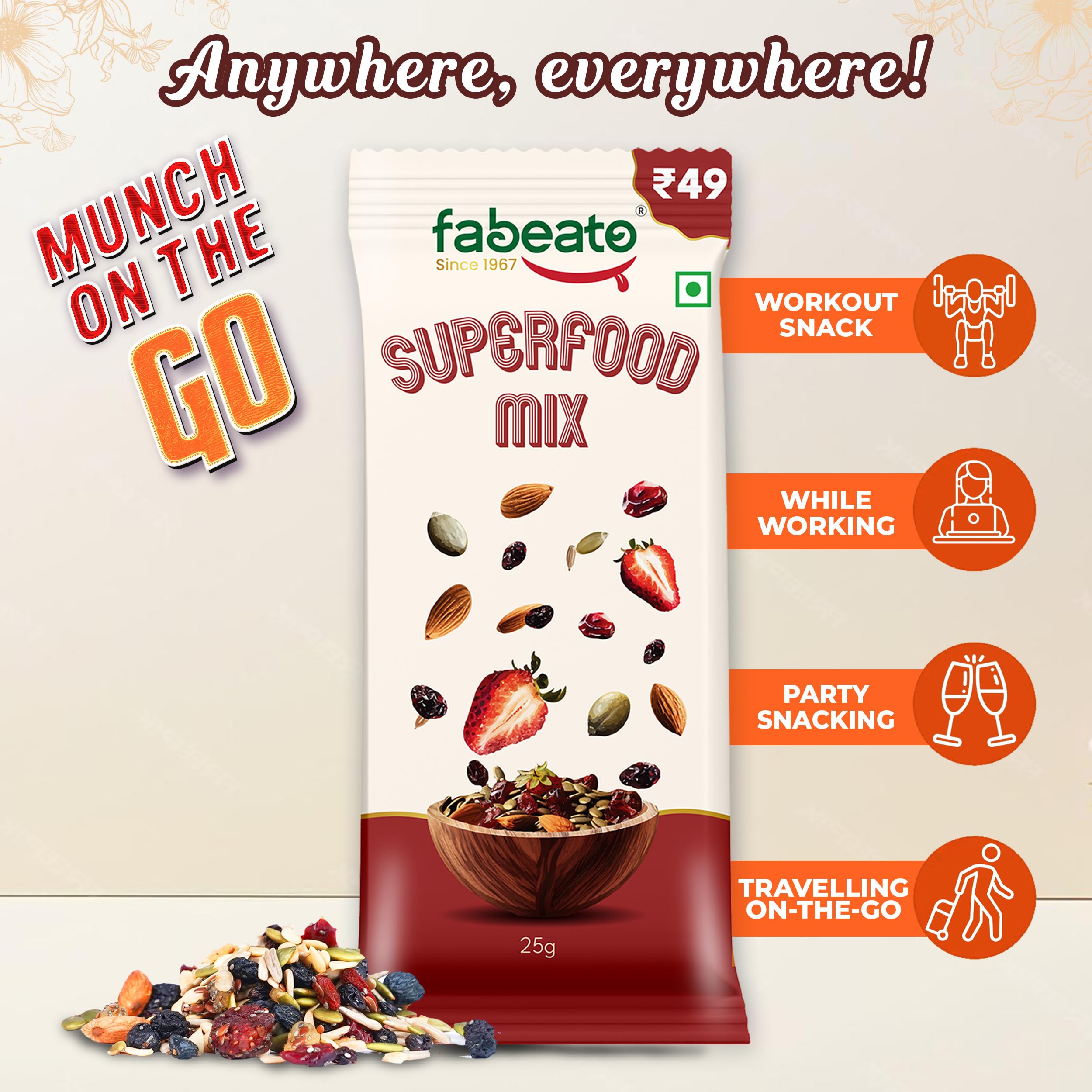 Fabeato Munch on the Go Snack Premium Superfood Mix | Nüsse, Trockenfrüchte, Samen und Beeren | reich an Ballaststoffen, reich an Eiweiß | Jeder Beutel 25 g | 10 Stück