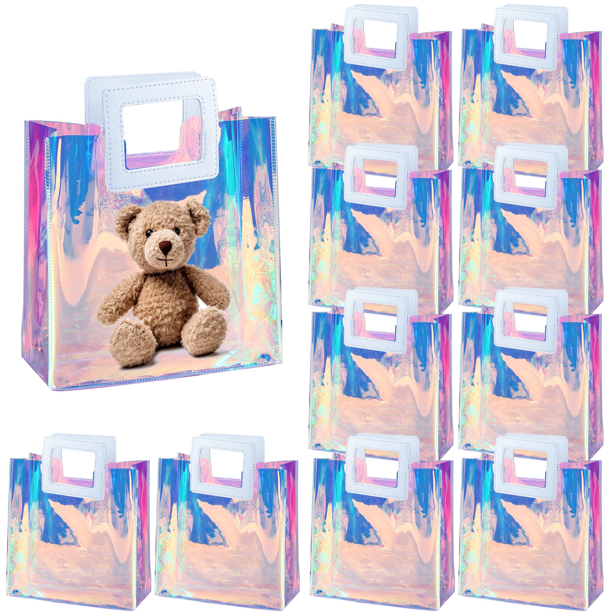 OfficeCastle 10 Pack 8x3.1x8 Inches Rainbow Gift Bags, Waterproof Gift Wrap Bags with White Leather Handles, Durable Birthday Bags for Parties, Christmas, and Holidays (20x8x20cm)