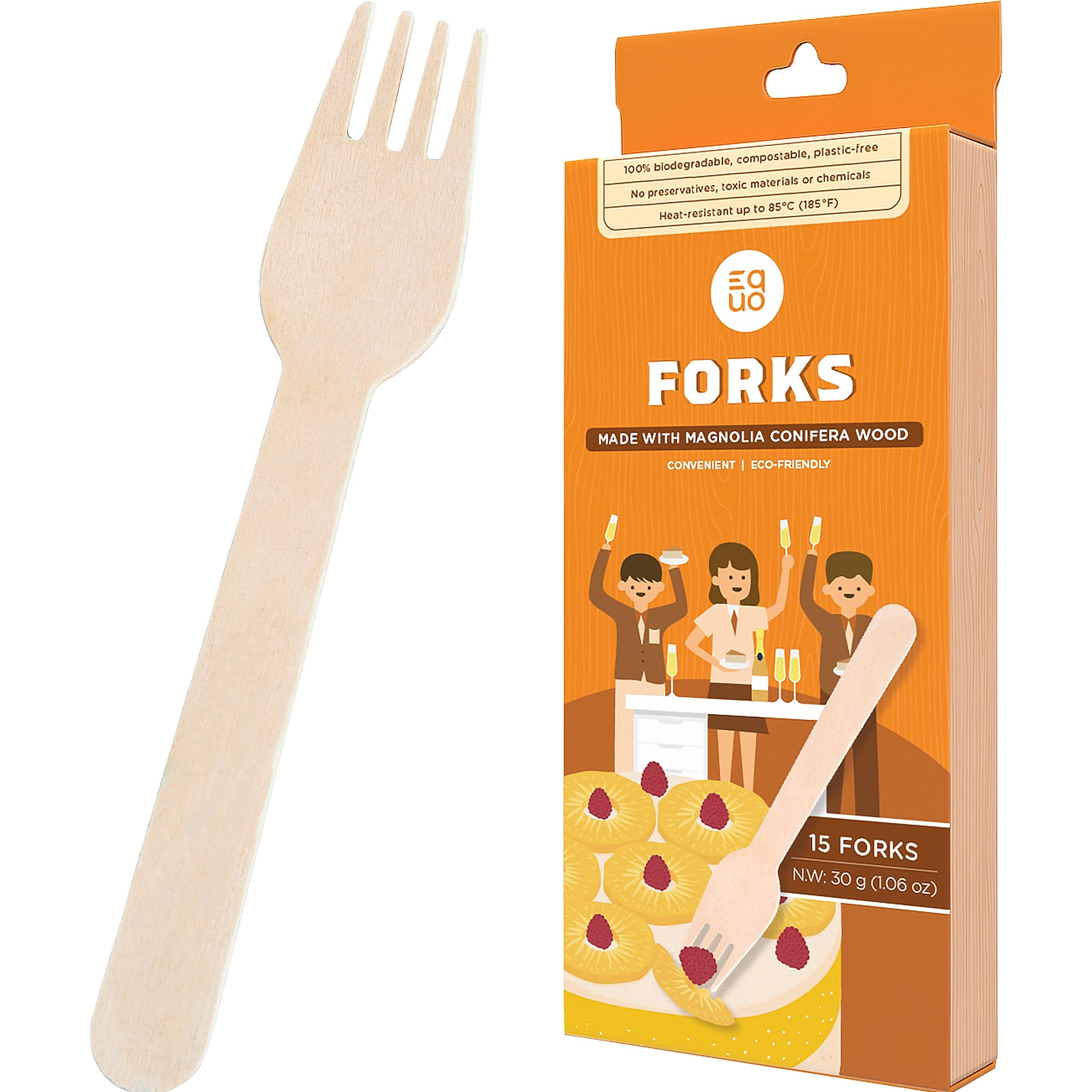 EQUO Wooden Disposable Forks (Pack of 15) - Plastic-free, Home-compostable, Heat-safe Utensils for Parties, Events, Camping & More