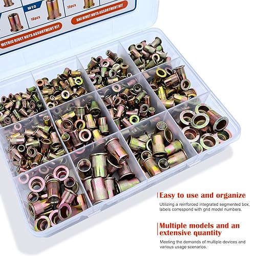 Miniatura 7 de Kit de tuercas de remache, 470 tuercas remachadoras SAE y métricas UNC, acero al carbono chapado en zinc, juego surtido de tuercas roscadas, tamaños