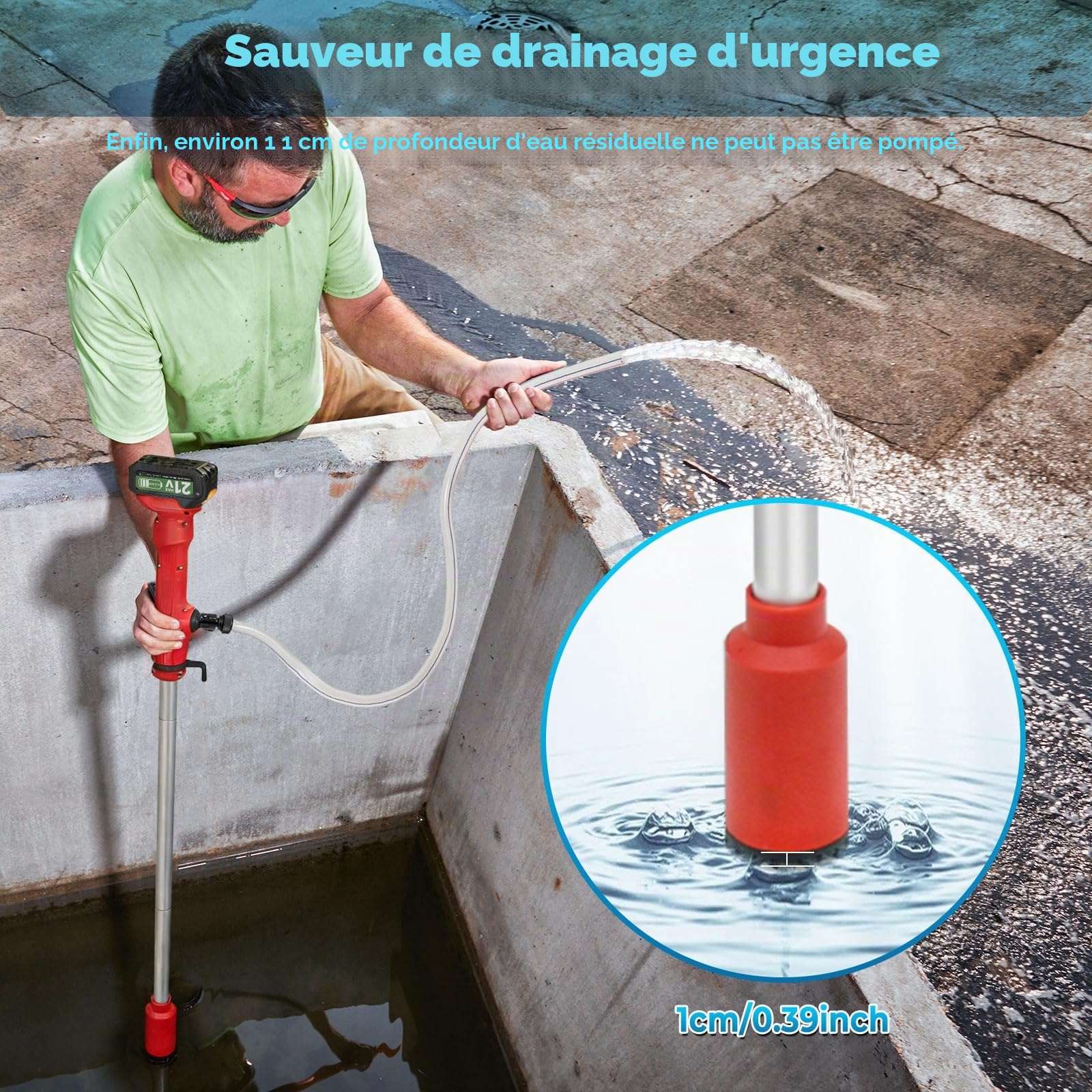 Pompe à eau rechargeable, pompe à tige sans fil avec 2 x 4,5 Ah de batterie, 11000 tr/min, débit de 2725 L/h, pompe submersible portable avec indicateur de batterie et chargeur pour jardin, piscine et