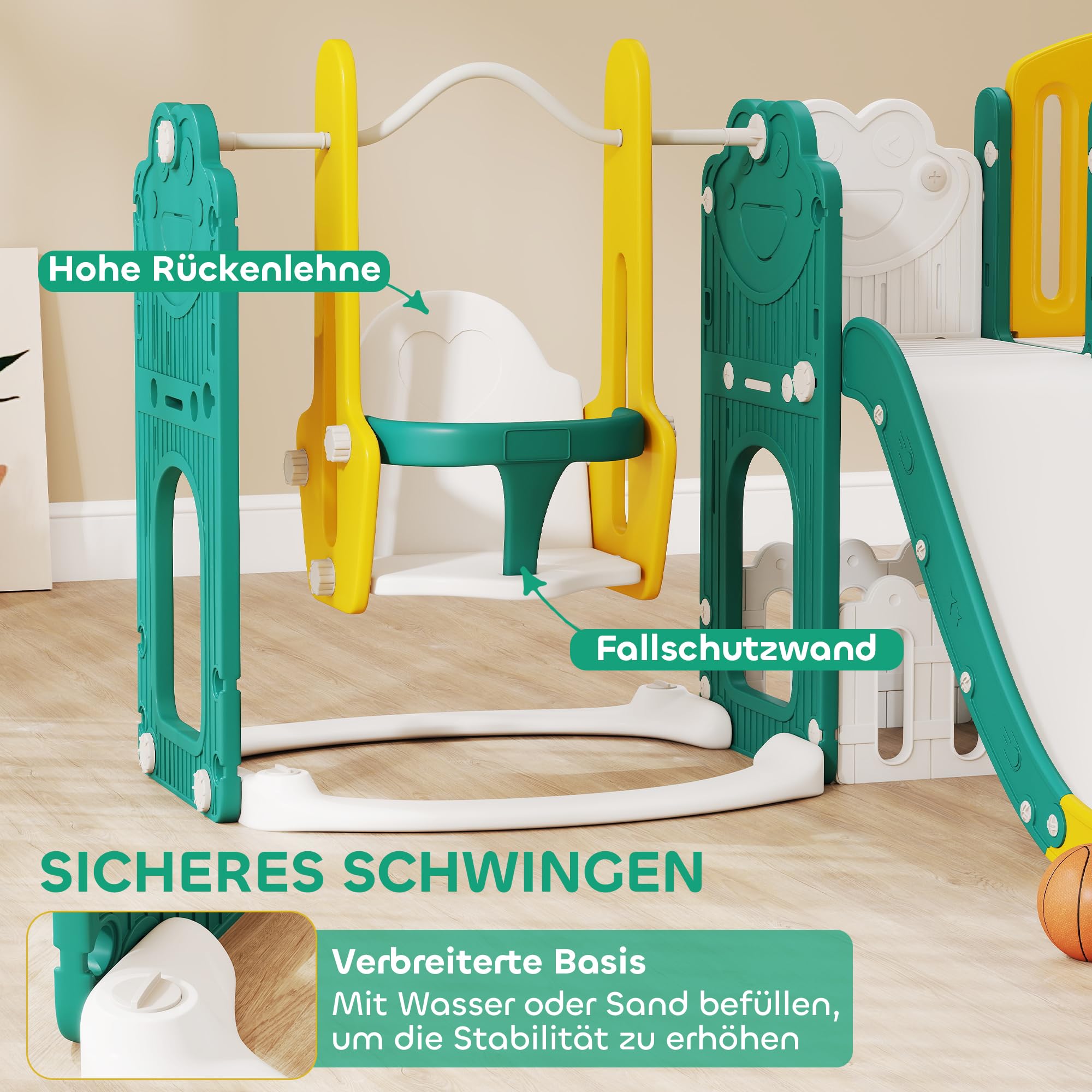AIYAPLAY Kinderrutsche Kleinkind Rutsche mit Basketballkorb für 1-3 Jahre | 9 in 1, 2 Rutsche, Klettergerüst, Schaukel, Tunnel, Fernrohr, Reißbrett, Froschmotiv, Aufbewahrungsbox, Indoor Outdoor