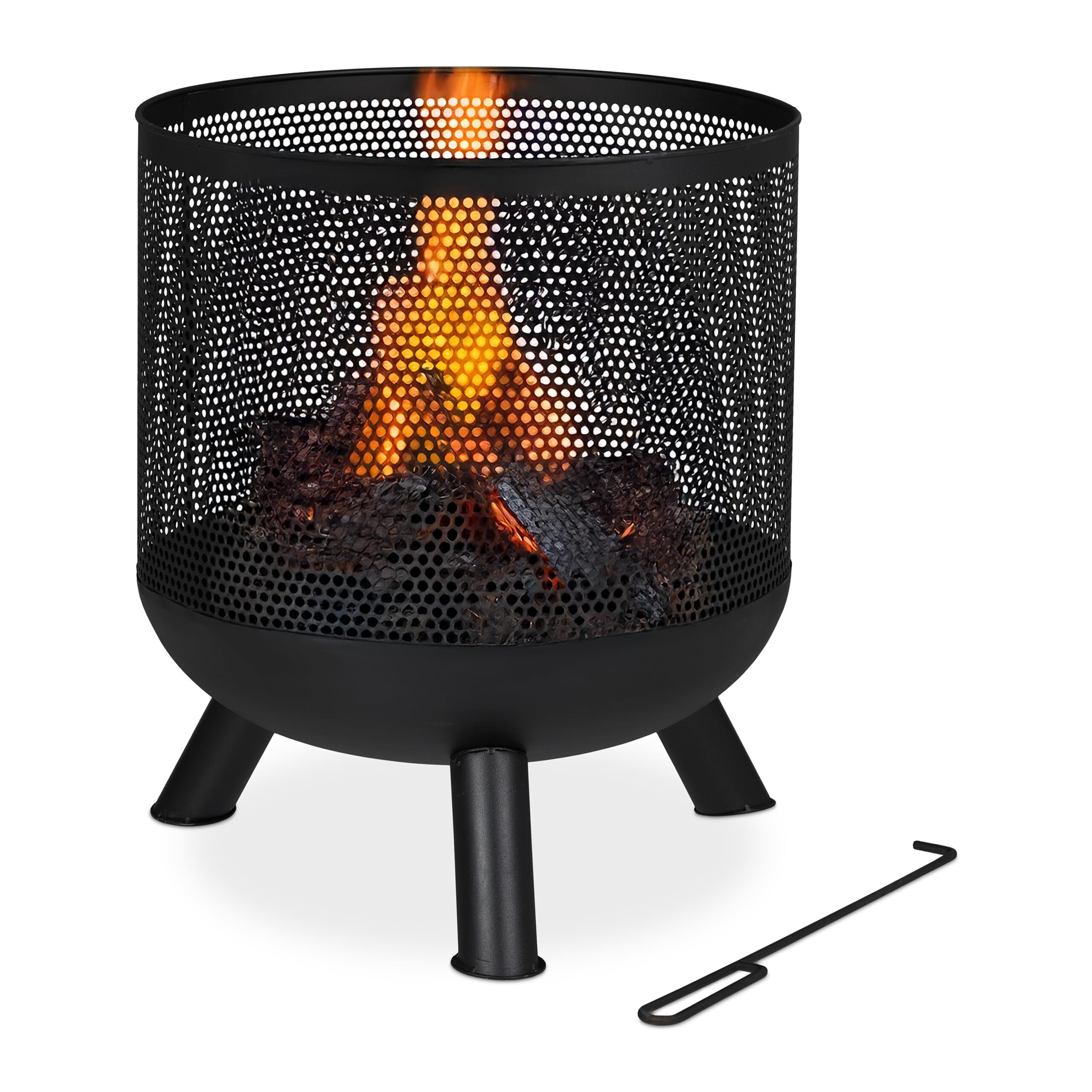Relaxdays Feuerkorb Mesh Design Feuerrost Schürhaken Feuertonne Stahl HxD: 53 x 44 cm, schwarz