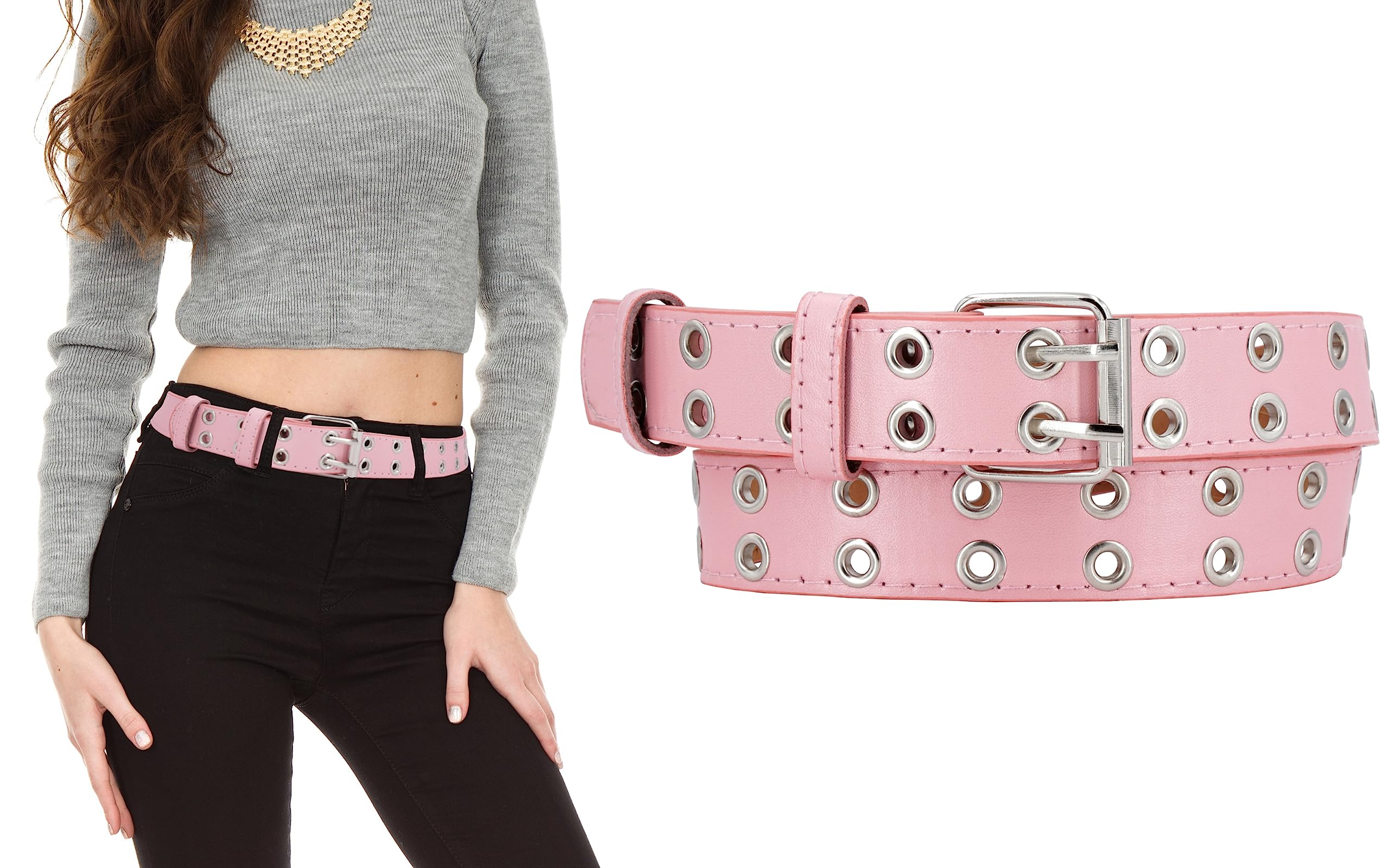 EANAGOVegan Belt >V.I.P.< for women - Modern belt with two lines of hole rivets - fits for women with waist from 23-29"