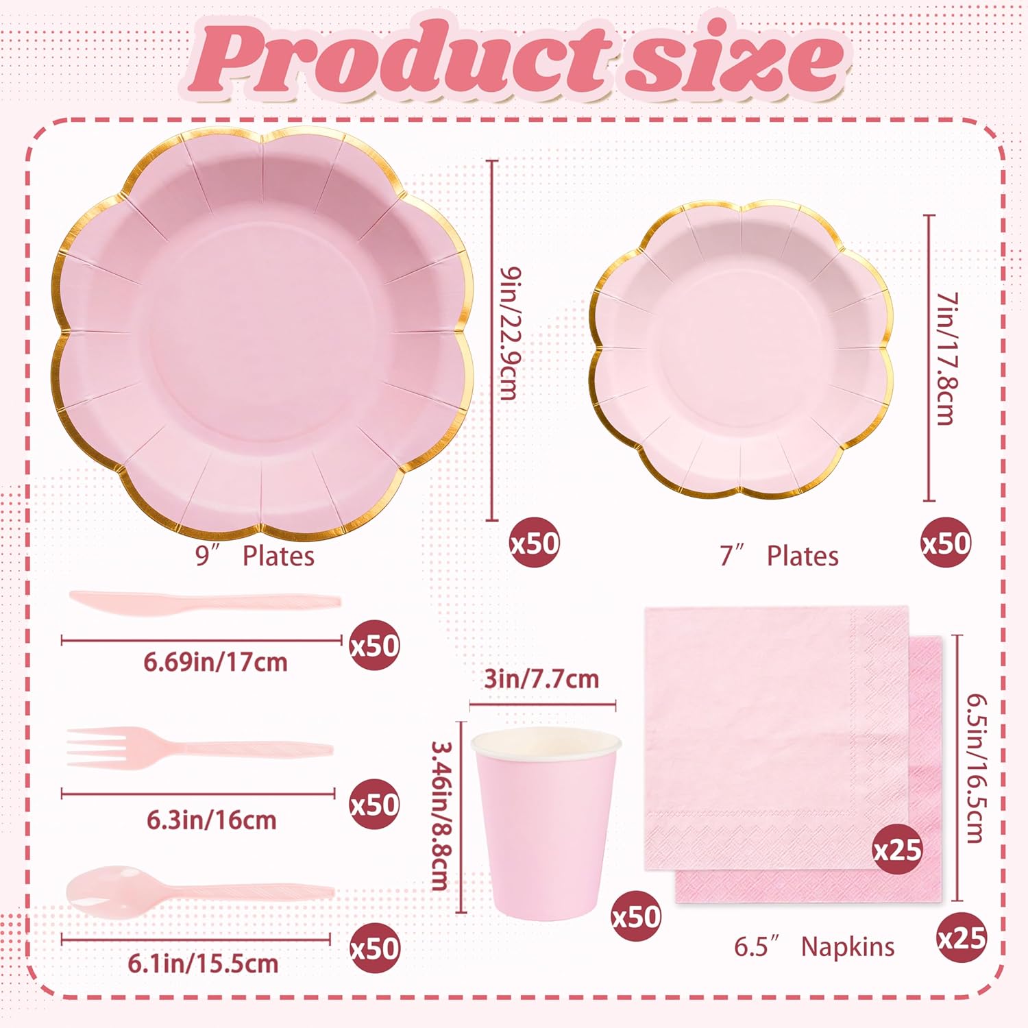 Pink Paper Plates and Napkins Party Supplies for 50 Guest, 350Pcs Pink Scalloped Party Plate with Gold Rim, Pink Disposable Plates Set for Girls Birthday Party Baby Shower Gender Reveal Bridal Shower