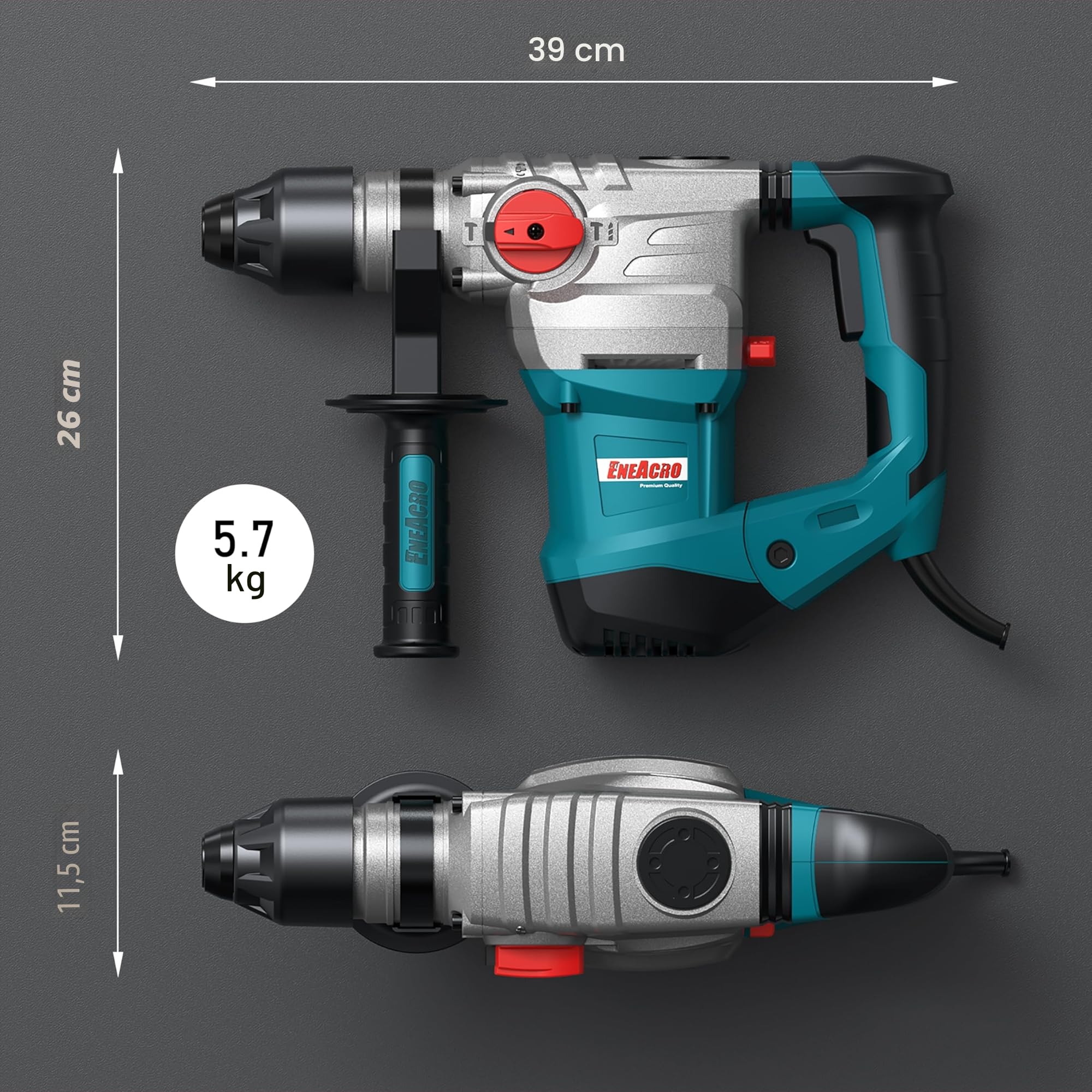 ENEACRO SDS-Plus Martillo Perforador de Alta Potencia, 1500W y 7J, con Embrague de Seguridad y Control de Vibración, 4 Funciones, Incluye Grasa, Cinceles, Brocas y Bolsa de Herramientas