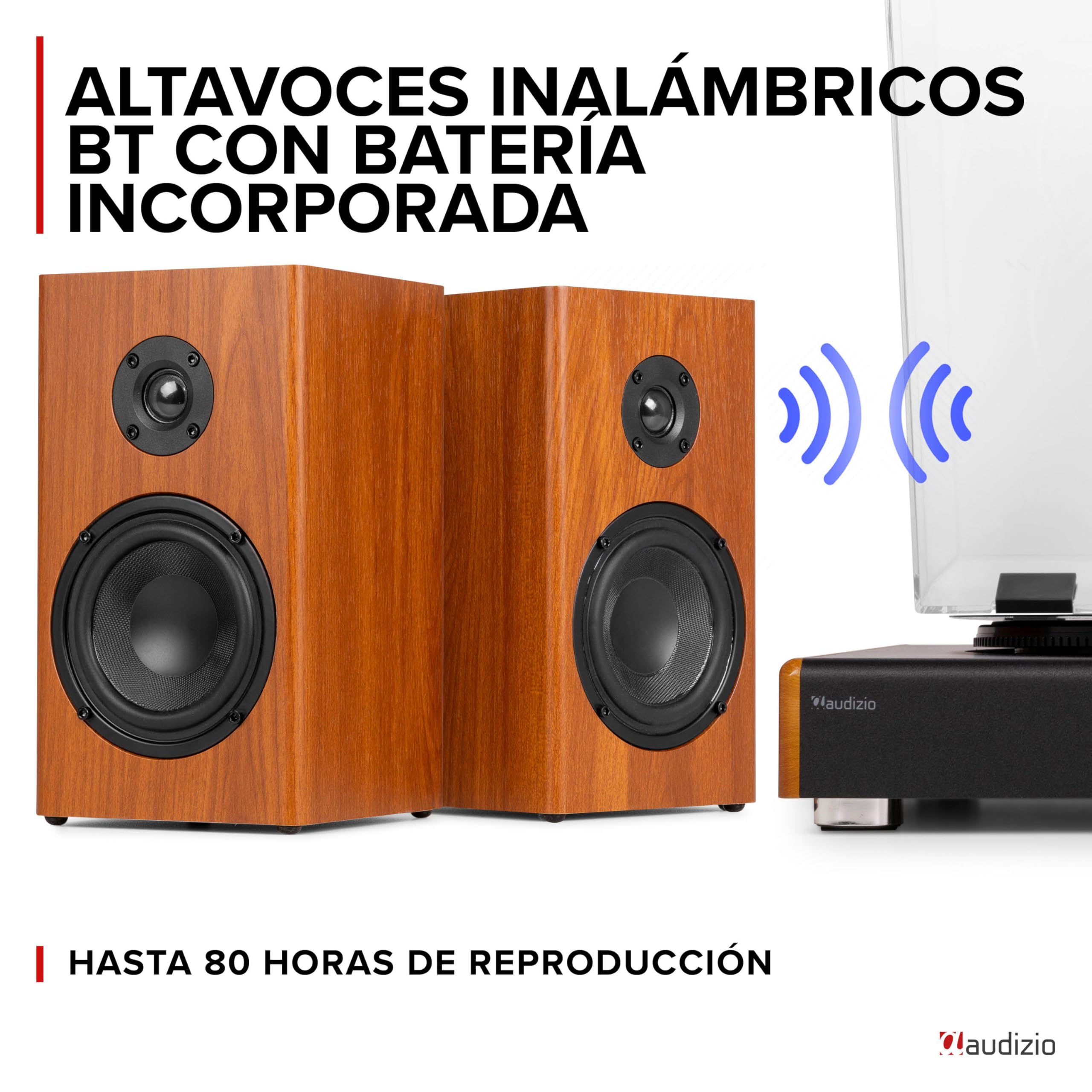 Audizio RP337W – Tocadiscos de Vinilo con Altavoces Bluetooth inalámbricos 100W 3 velocidades 33 45 78 RPM cápsula Audio Technica Salida RCA Sistema automático diseño Retro, Color Madera