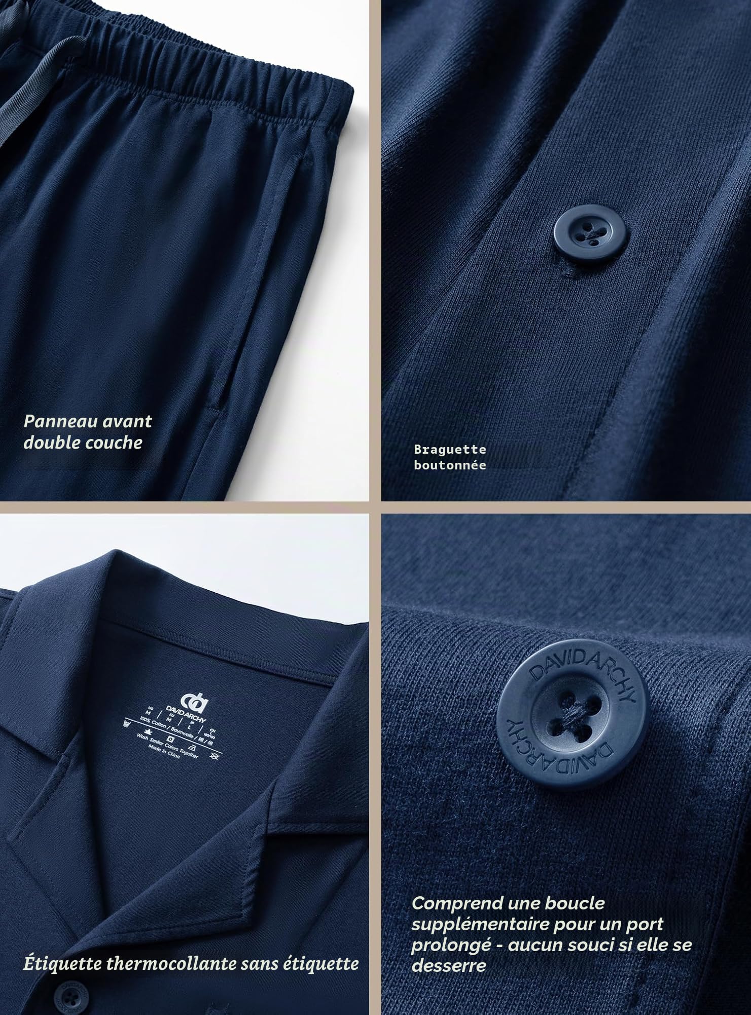 DAVID ARCHY Pyjama Long Deux pièces pour Hommes, col Henry, vêtements de Nuit à Manches Longues, vêtements de détente pour Hommes Respirants Vêtements de Nuit Confortables