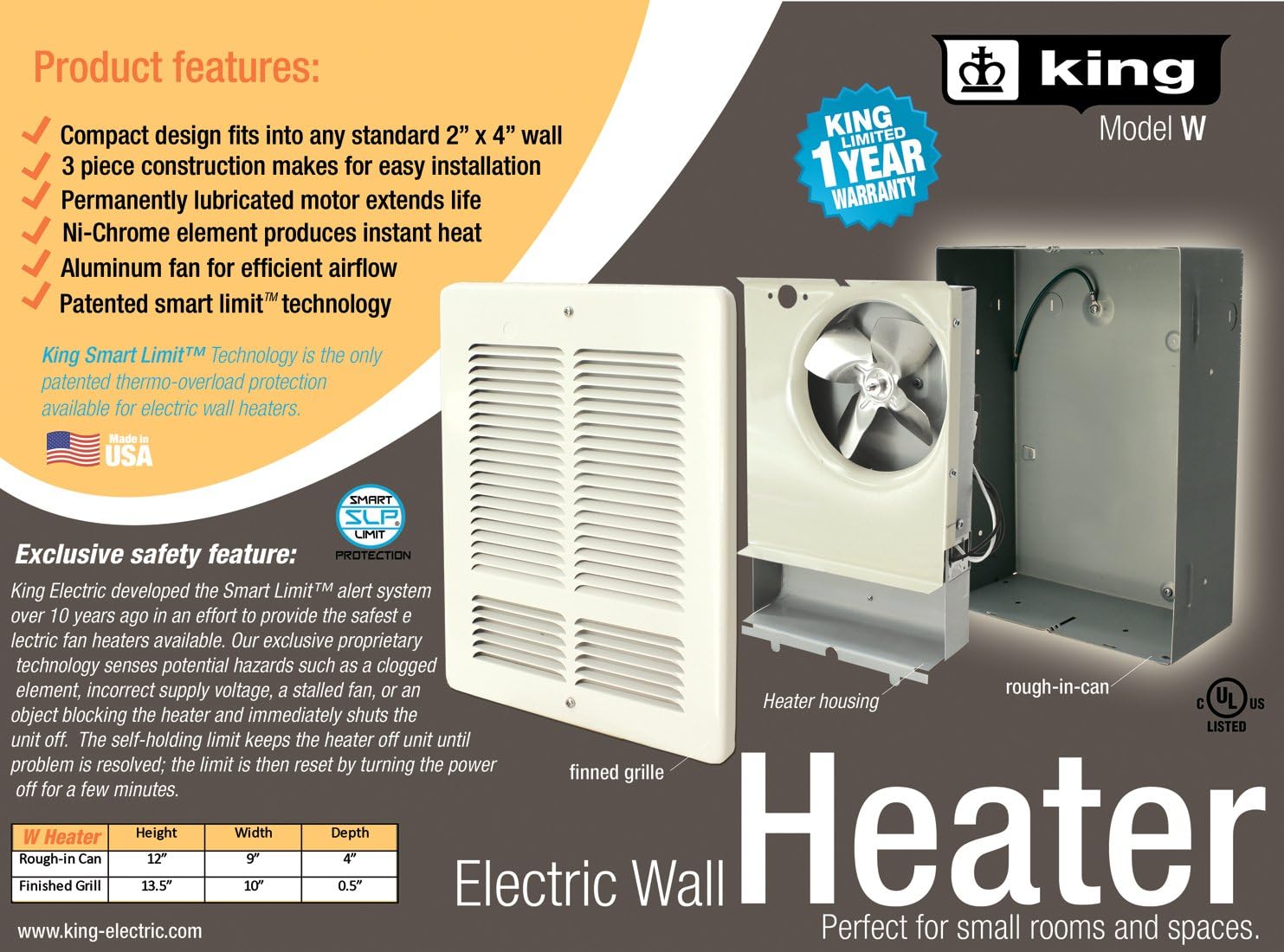 KING W2420-W W Series Wall Heater, 2000W / 240V, White