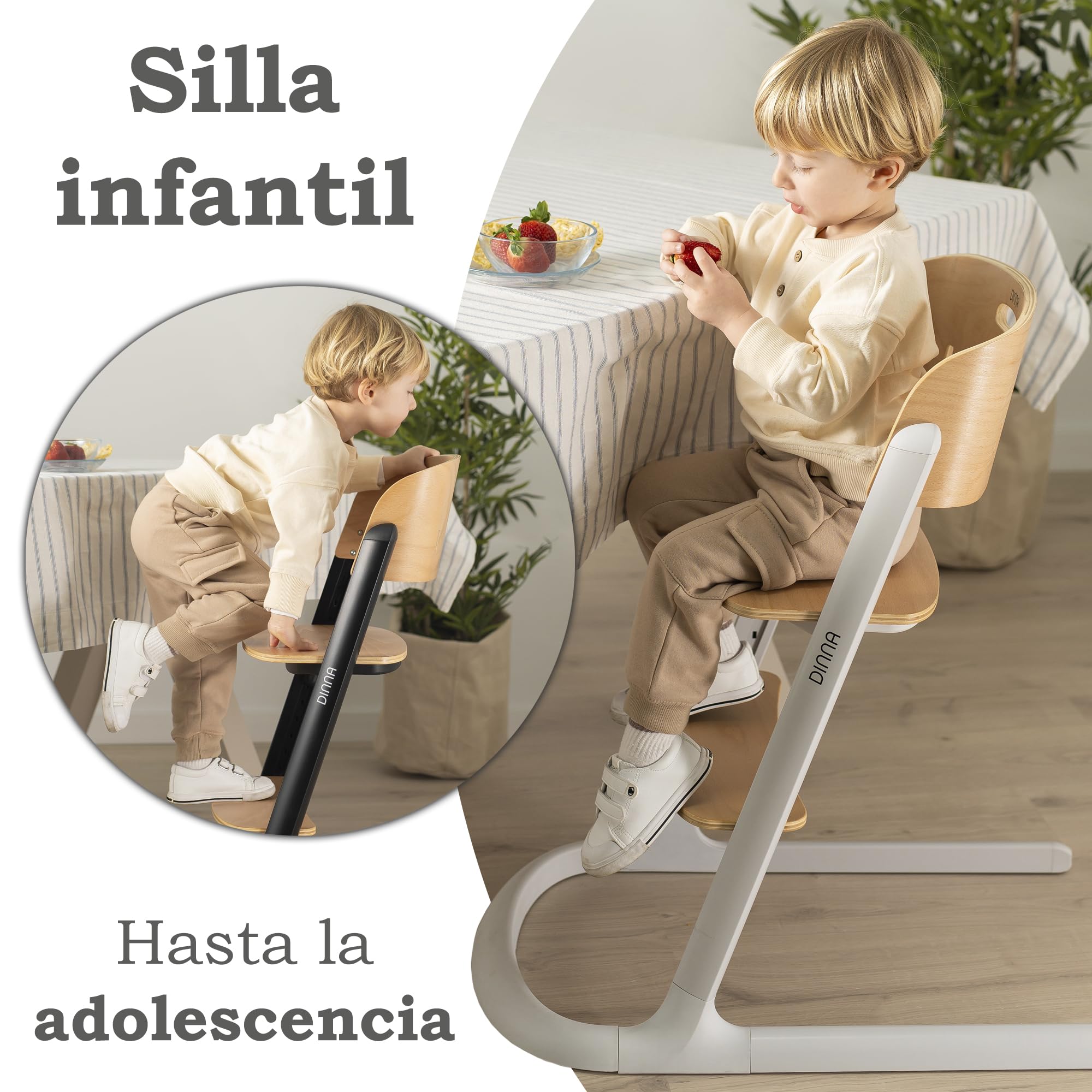 Olmitos Trona evolutiva de madera 2 en 1 DINNA Silla infantil Evolutiva y convertible desde 6 meses hasta adolescencia | Ajustable en altura y profundidad, bandeja extraíble y arnés 5 puntos (Negro)