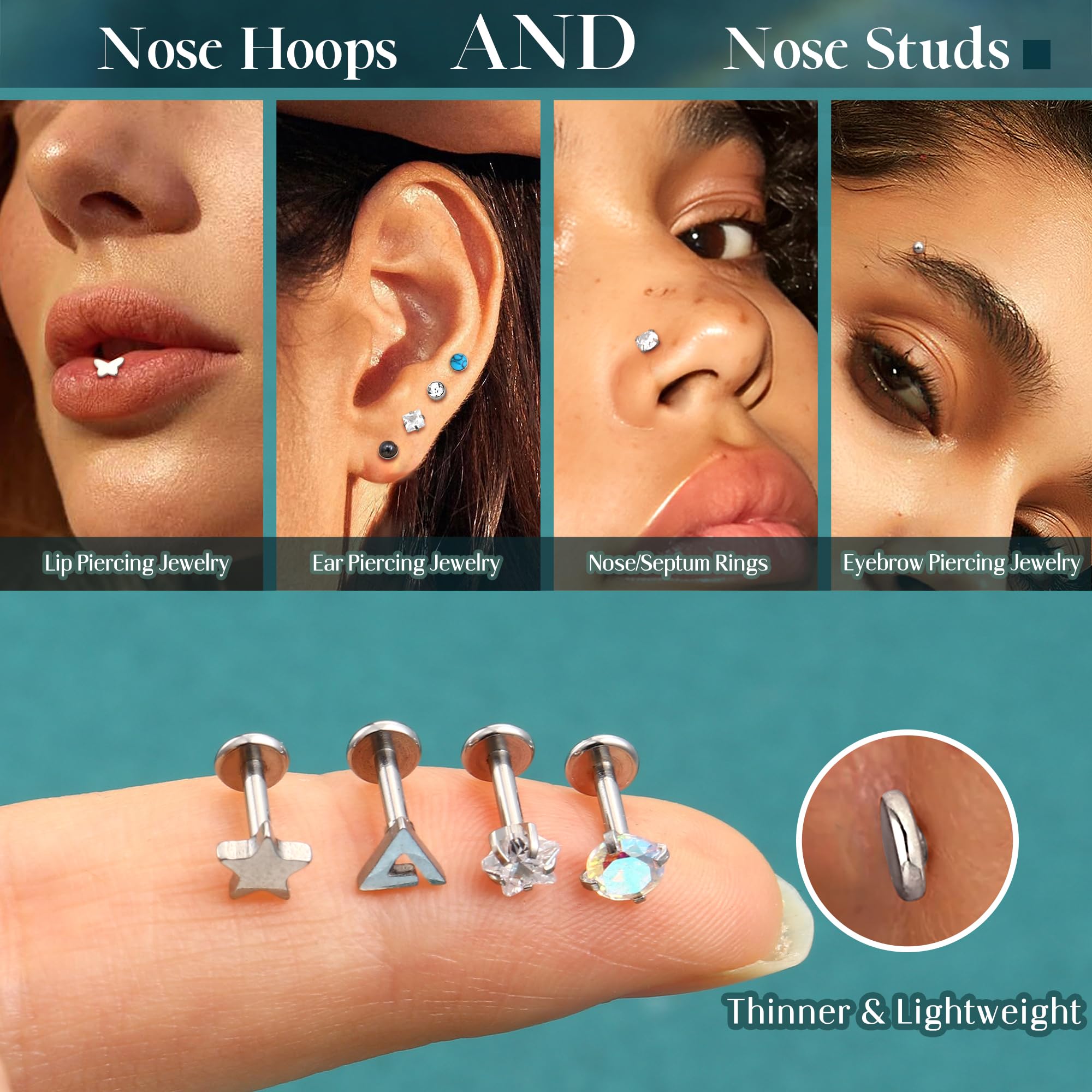 HHRFCS 16G Piercing Helix Biżuteria Gwintowany wkręt do nosa Labret Szpilki Kolczyk w nosie Kolczyki z płaskim tyłem Stal chirurgiczna Helix Hoop Muszla Daith Lip Piercing Tragus Srebrne Złoto