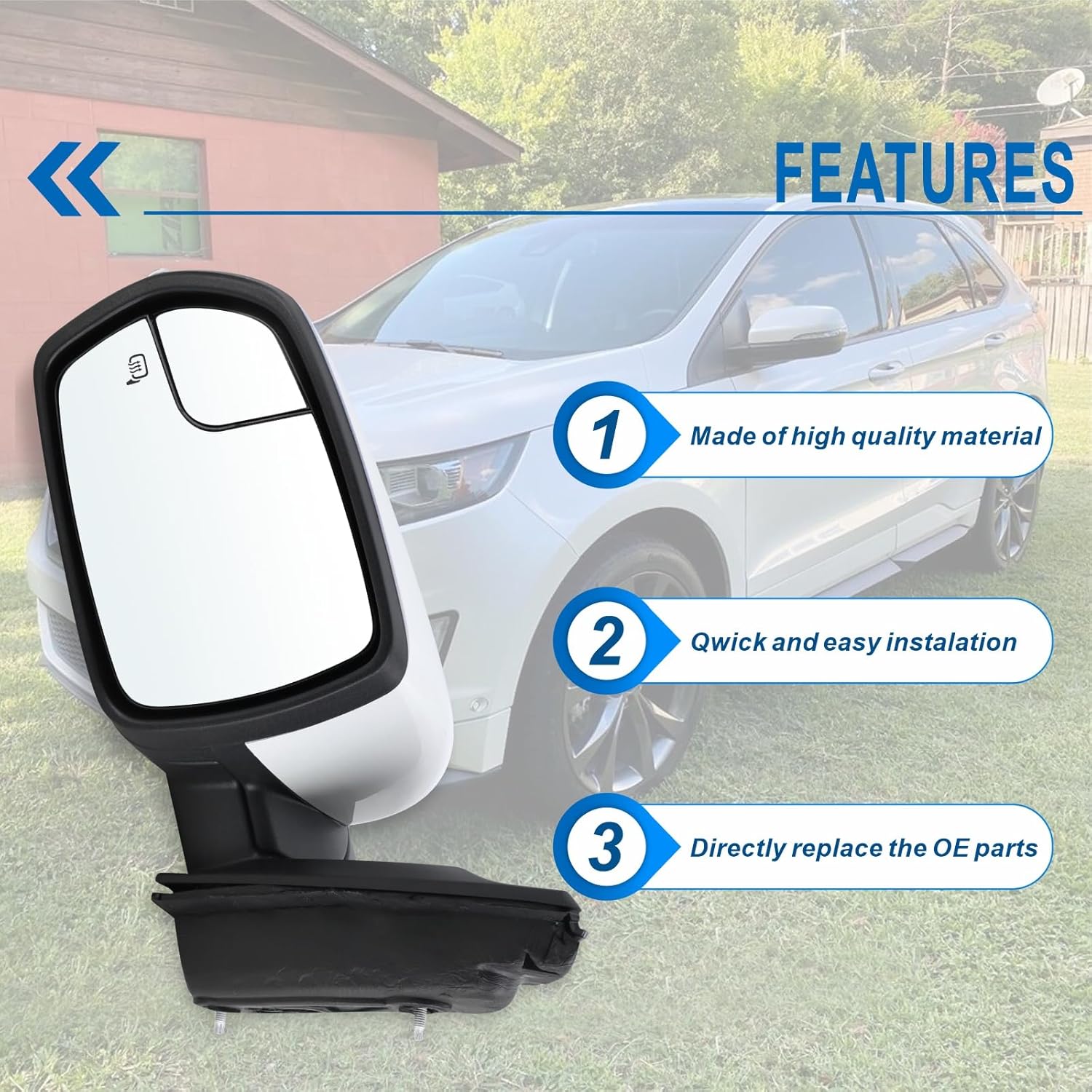 Left Driver Side Mirror Fits 2015 2016 2017 2018 2019 2020 2021 2022 2023 2024 Ford Edge With Manual Folding Power Glass Heated Turn Signal Puddle Light White Replace#JT4Z-17682-CA(7Pins)