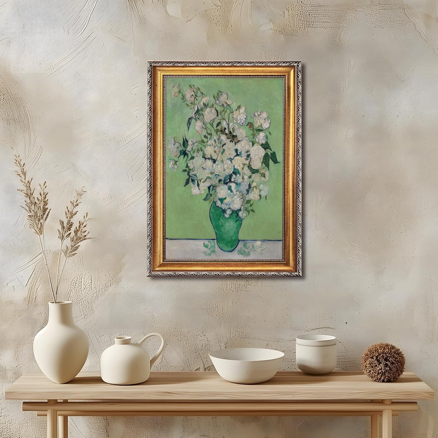 Large Framed Roses By Vincent van Gogh Canvas Wall Art Vintage Floral Still Life Oil Paintings Reproduction Poster Expressive Flower Nature Artwork Print for Rustic Bedroom Decor 24x36inch