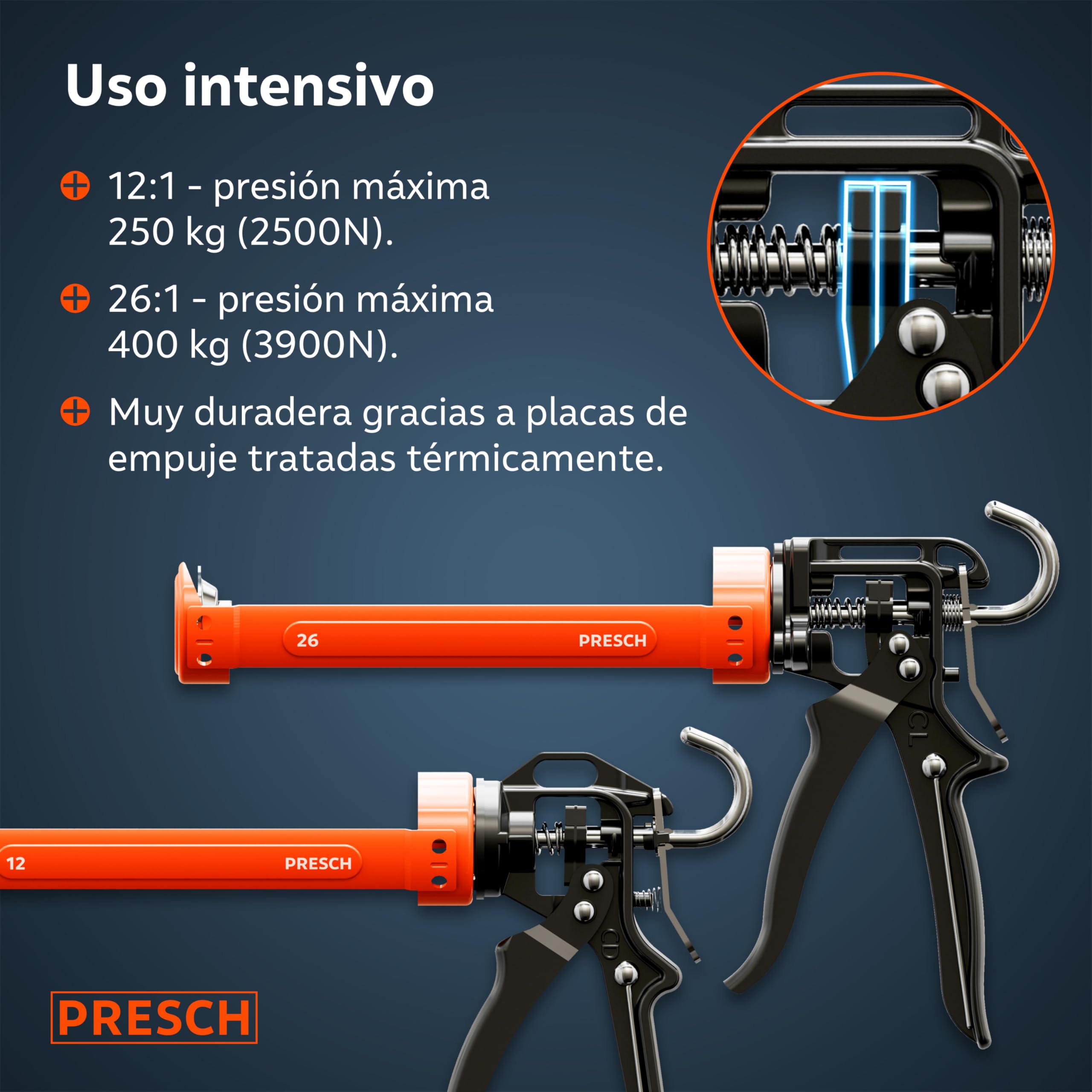 Presch Juego Pistola Silicona 26:1 & 12:1 con antigoteo – Para cartuchos hasta 310 ml (acrílico, silicona, adhesivo alta adhesión) – Cartuchera pistola giratorio 360° incl. aguja de perforación