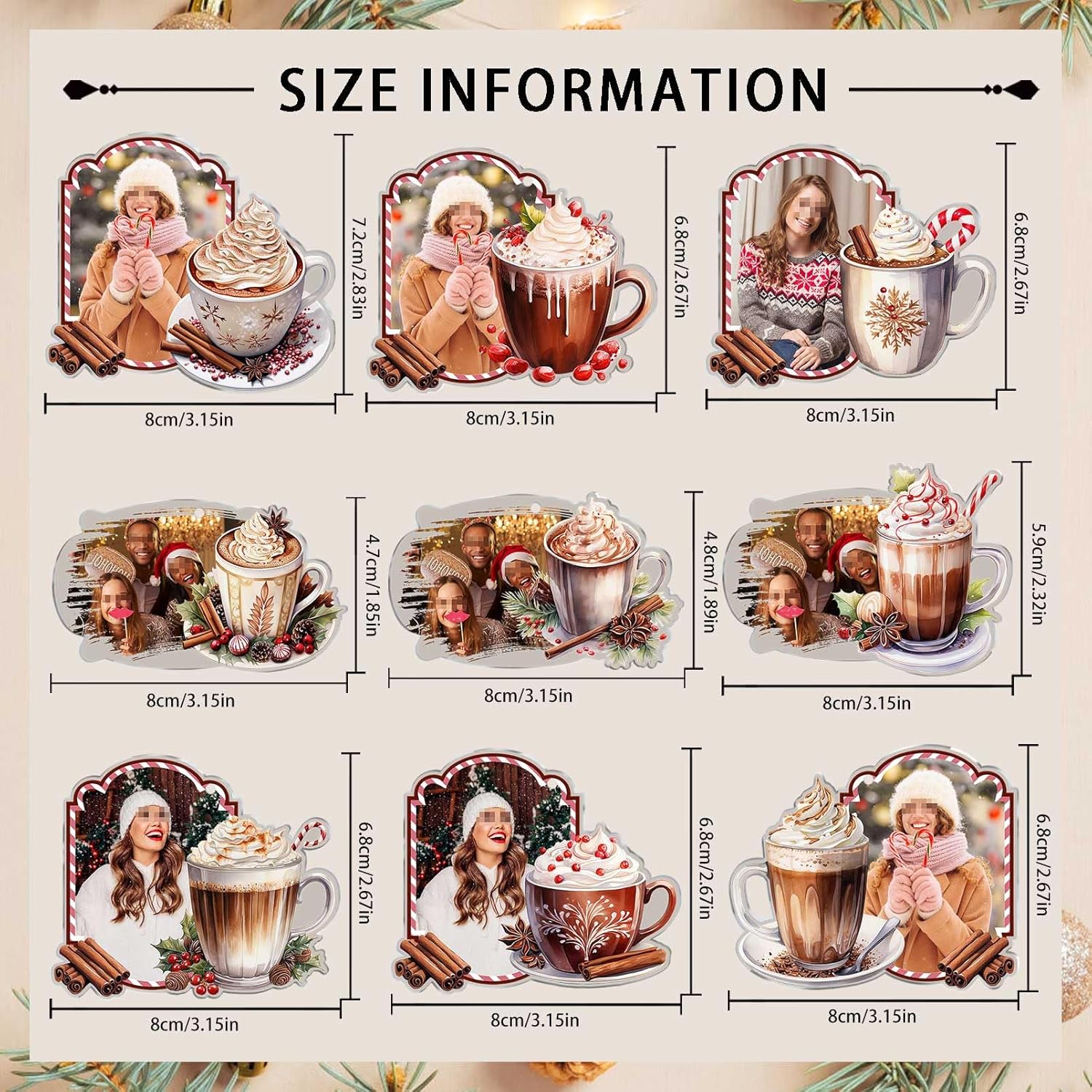 Custom Photo Christmas Hot Cocoa Ornaments Personalized Acrylic Cafe Coffee Mug Cup Xmas Hanging Decoration for Tree Home Coffee Bar(Set of 9)