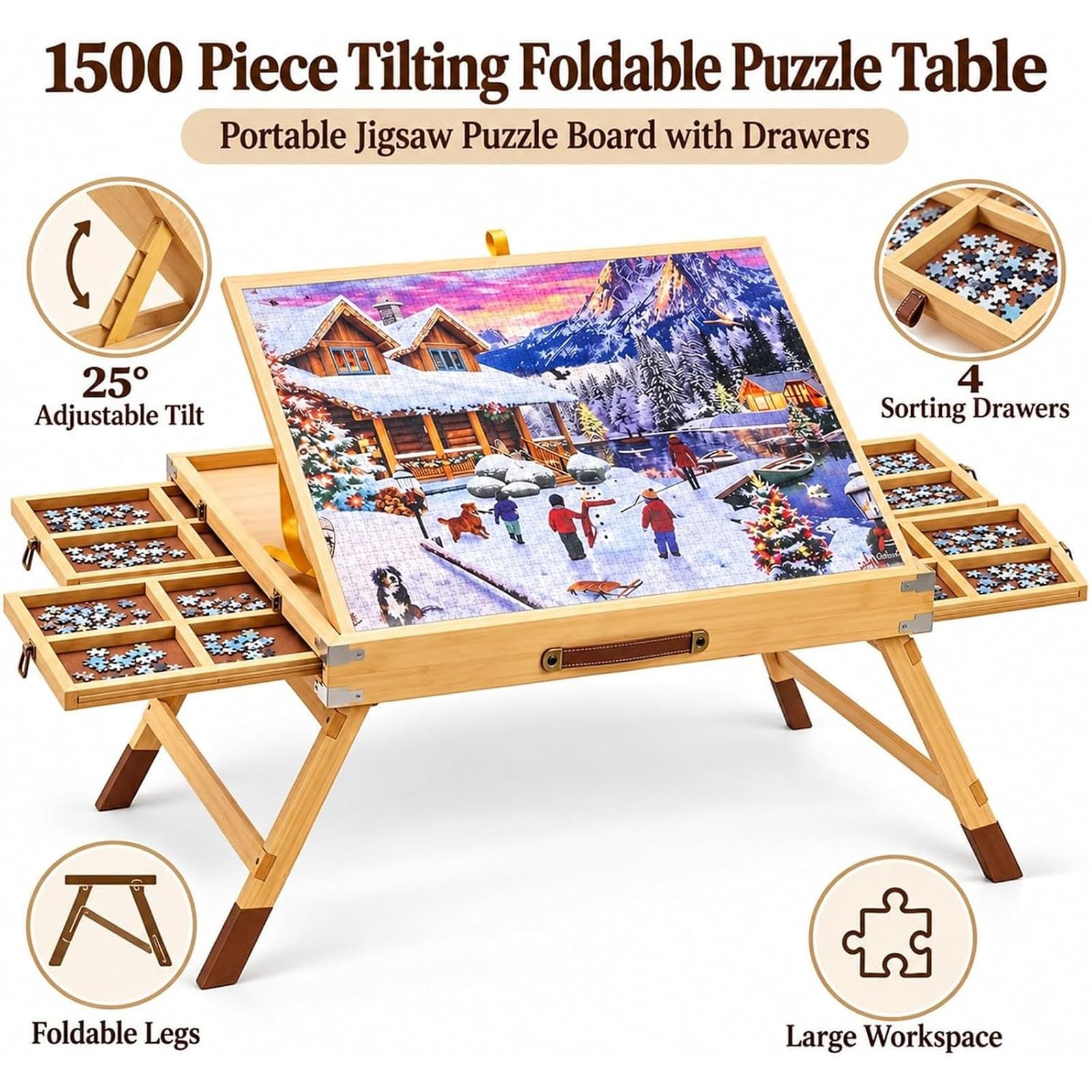 1500 Składany stoł do puzzle z 4 szufladami i pokrywami