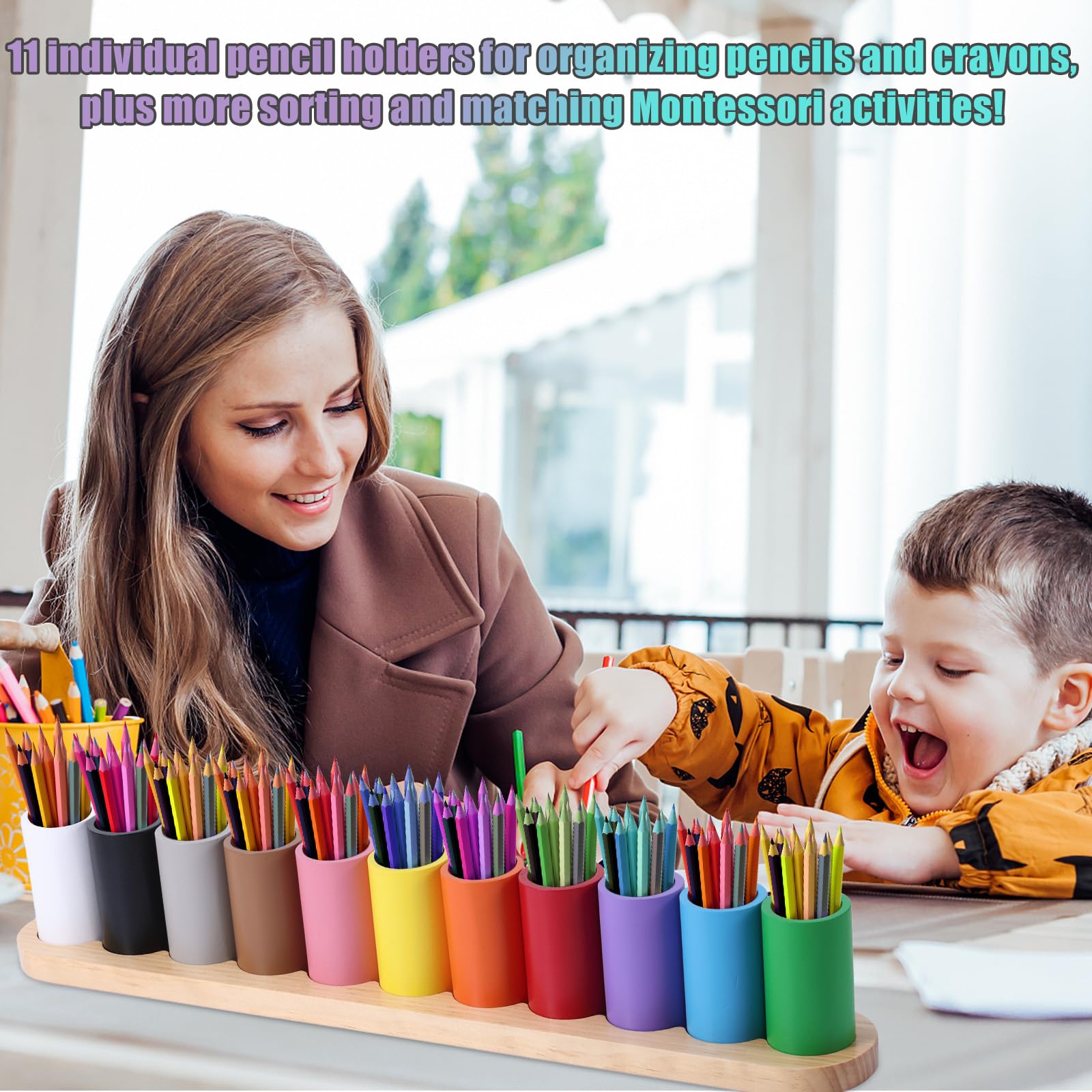 Buntstifthalter aus Holz, Montessori-Buntstift-Organizer 11 bewegliche Fächer Stiftebecherhalter Buntstift-Aufbewahrungsorganizer Markerhalter für Kinder Schreibtisch Büro Zuhause Schulbedarf