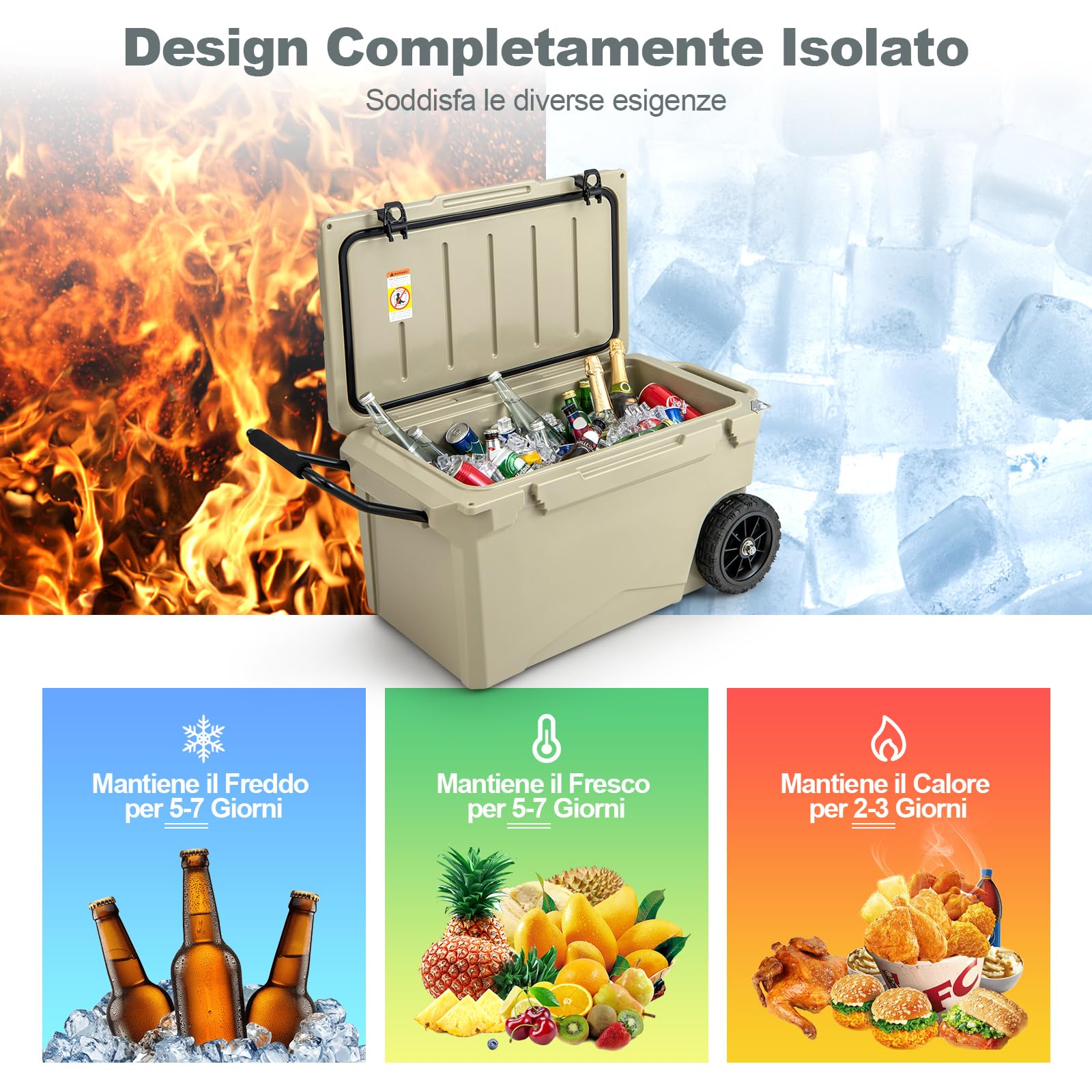 GYMAX 71L Scatola Frigo Rigida Isolata Rotomoldata, Scatola Frigo Portatile con Manico Resistente e 2 Grandi Ruote, Cassa Frigo per Esterni a Tenuta Stagna per Campeggio, Viaggi, Spiaggia (Cachi)