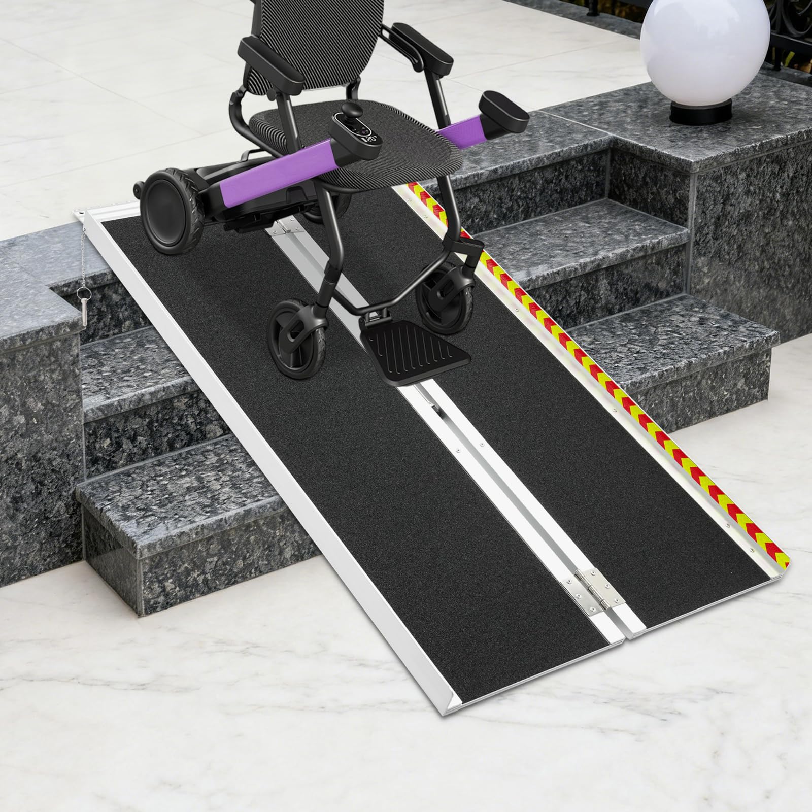 Rampa plegable para silla de ruedas, rampa portátil de aluminio con rieles laterales y carga máxima de 272 kg para escaleras, escaleras, puertas, ruedas de movilidad 72 x 122 cm