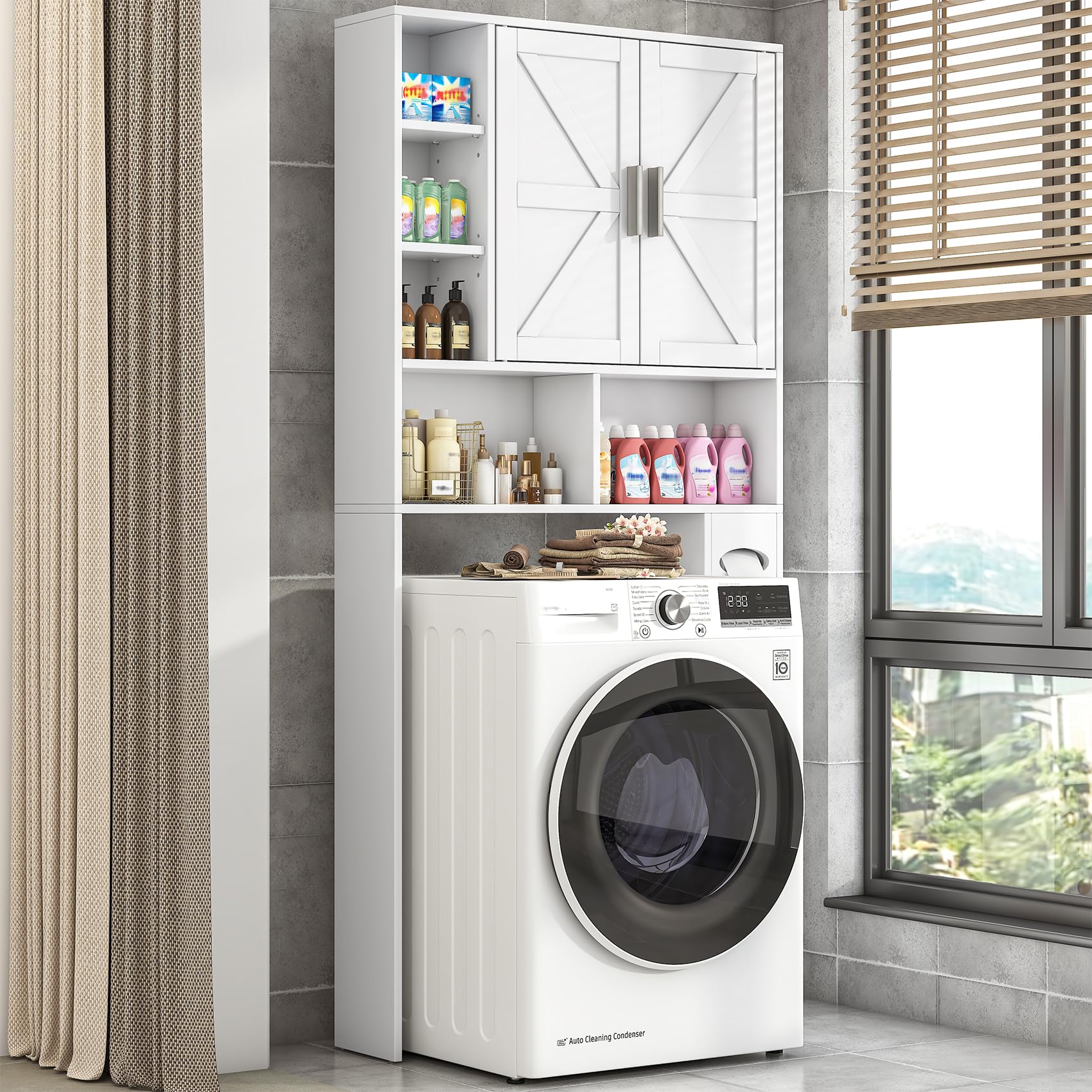 Armadietto alto da bagno con ante e ripiani, salvaspazio, con porta carta igienica, per bagno, lavanderia e bagno, bianco
