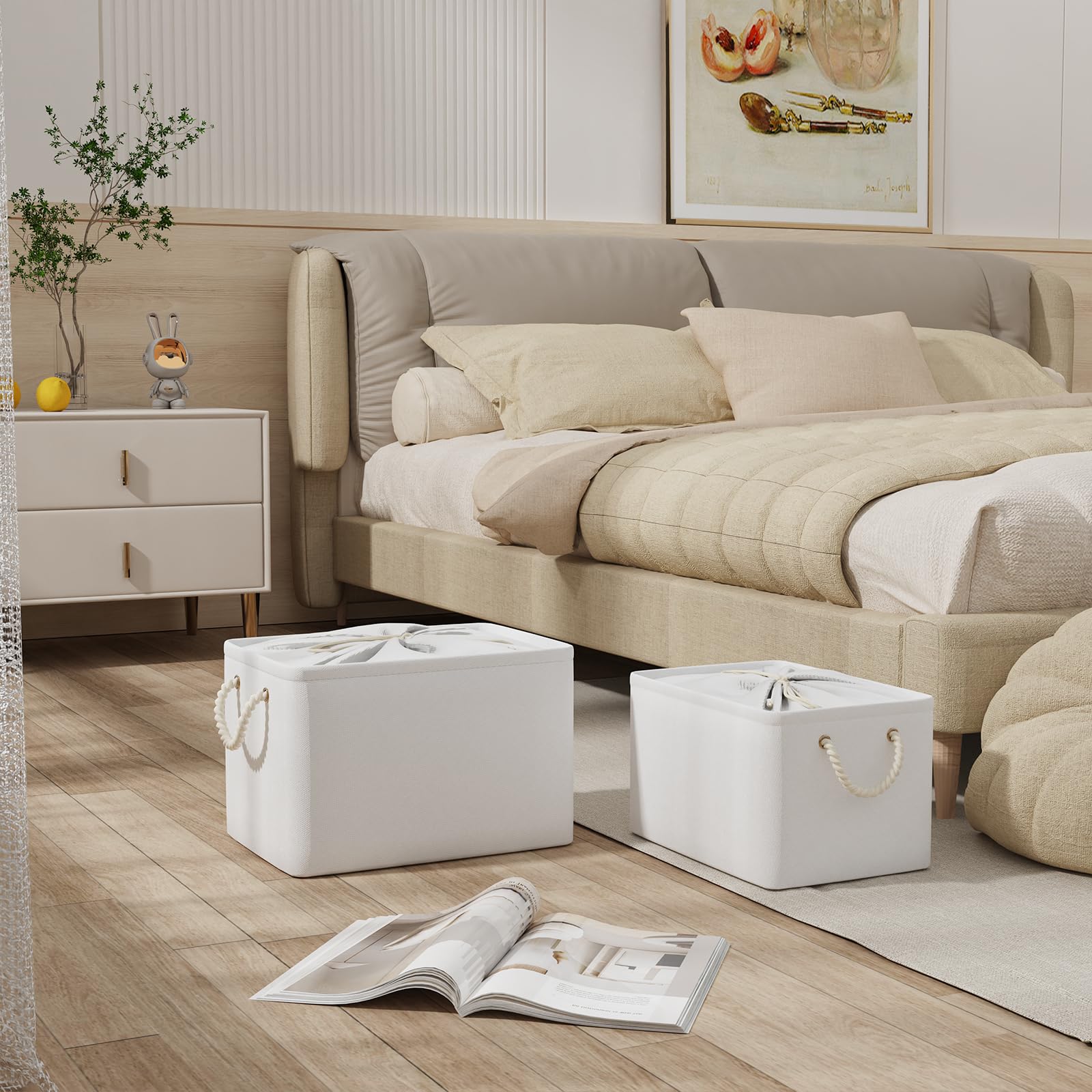 Yawinhe Caja de almacenaje, Cestas Almacenaje de Tejidos con Manijas, Plegable Cajas Organizadoras para Ropa, con Cubierta de Cordón, Adecuada Para Dormitorio, Bianco,38x28x26cm